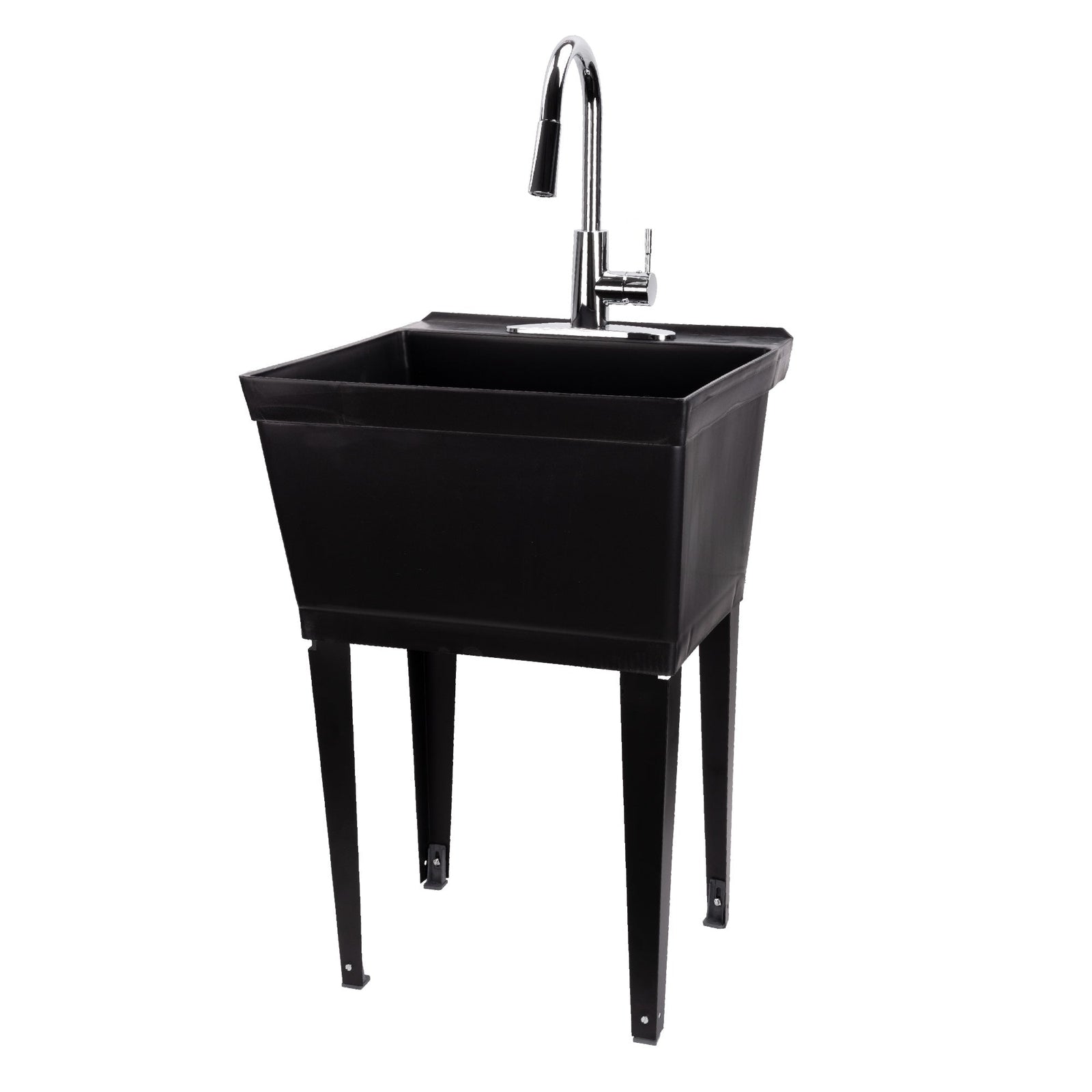 Tehila Standard Freestanding Black Utility Sink with Chrome Finish High-Arc Pull-Down Faucet