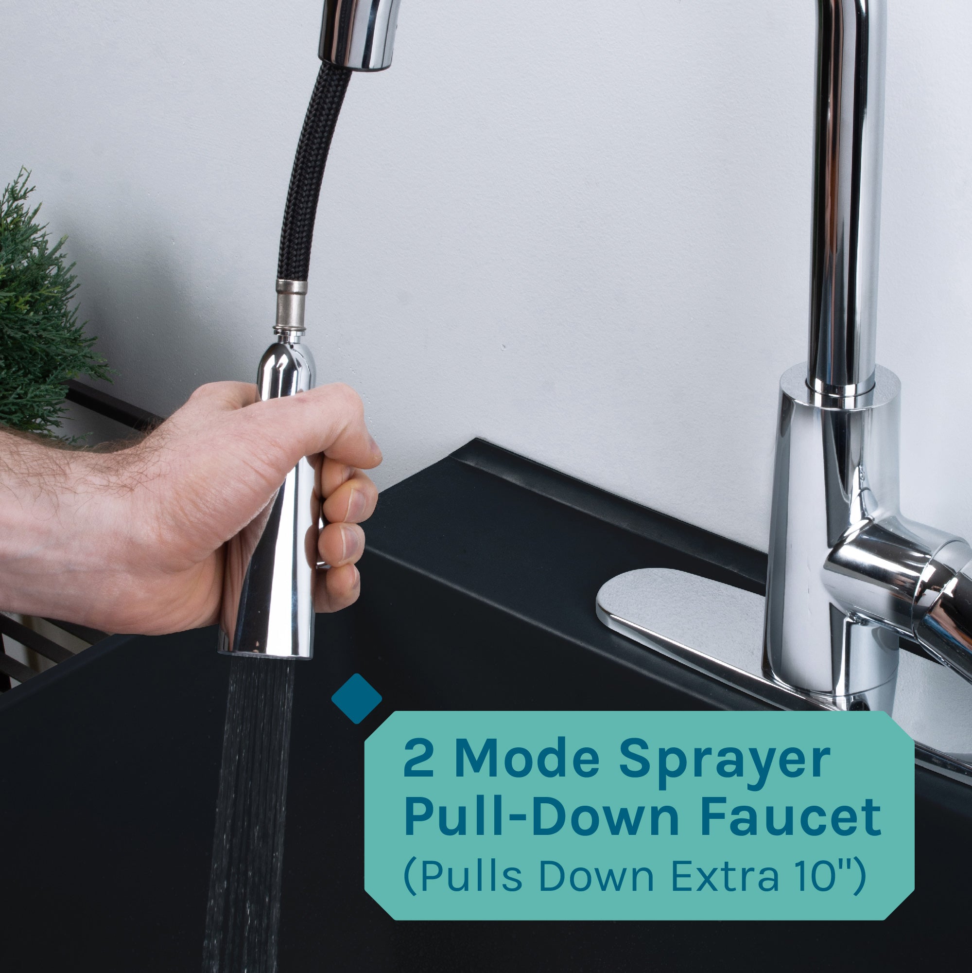 Tehila Standard Freestanding Black Utility Sink with Chrome Finish High-Arc Pull-Down Faucet