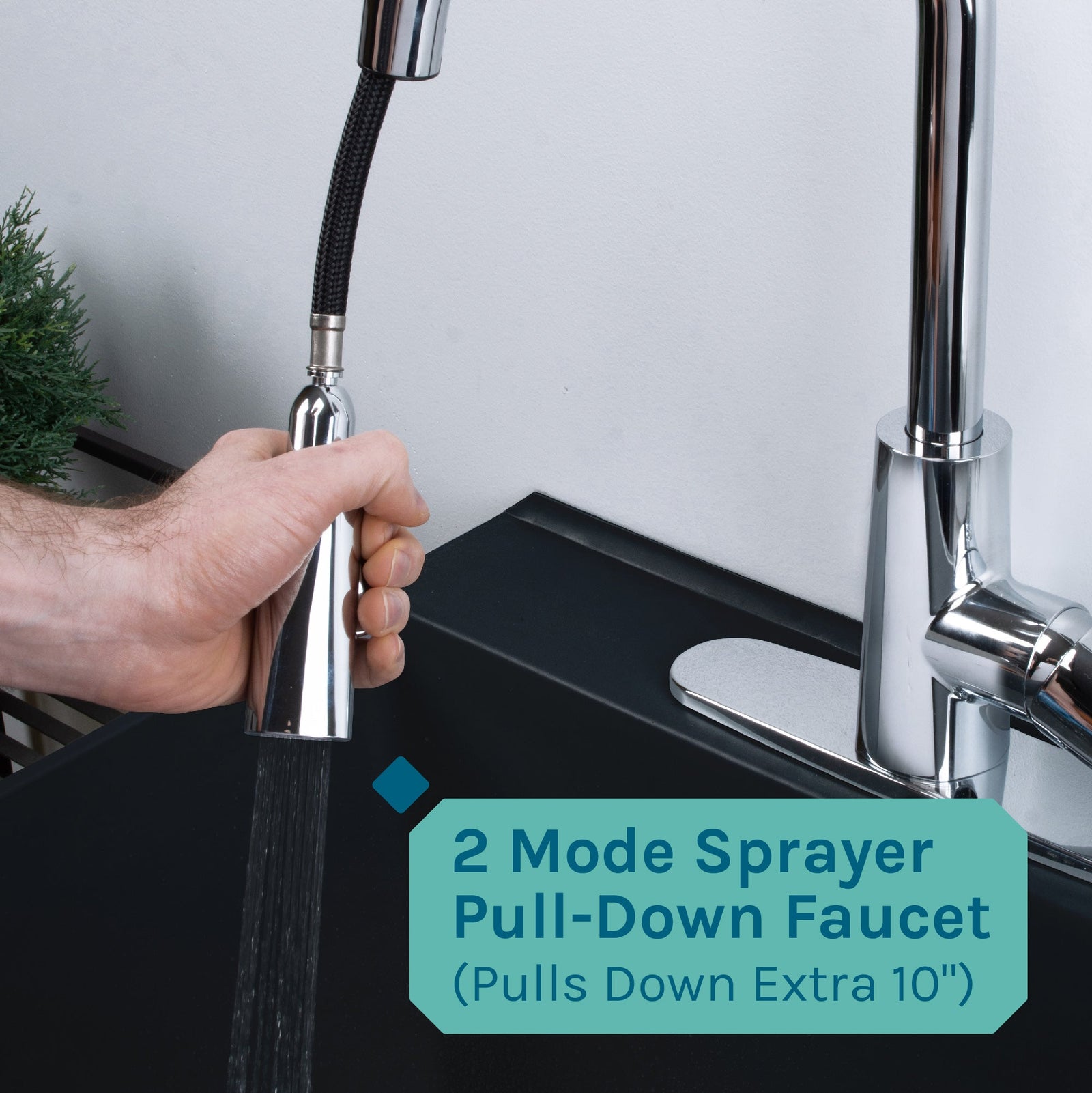 Tehila Standard Freestanding Black Utility Sink with Chrome Finish High-Arc Pull-Down Faucet