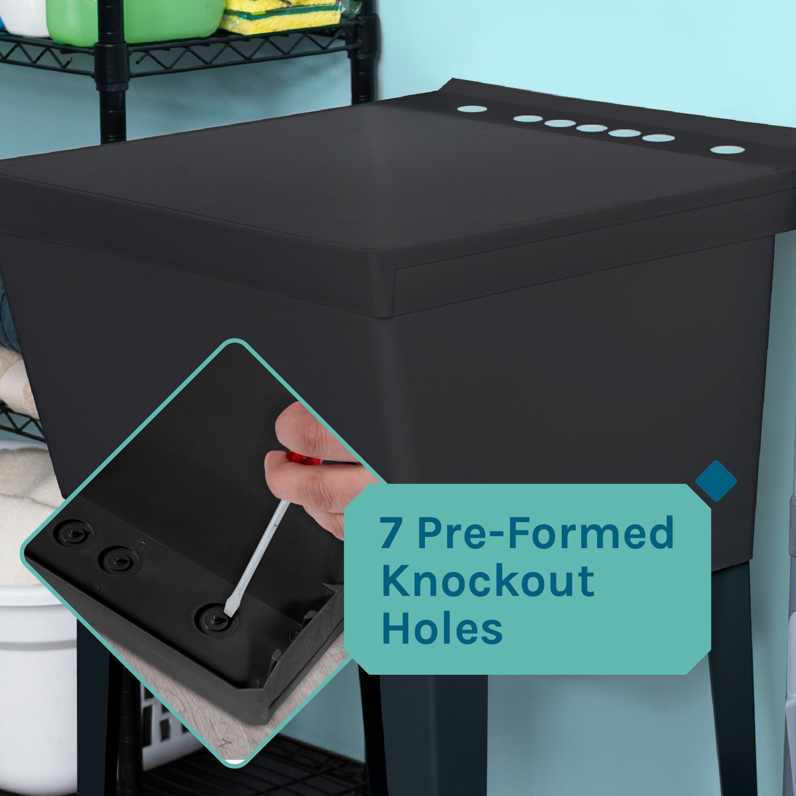 Tehila Standard Freestanding Black Utility Sink with Chrome Finish High-Arc Pull-Down Faucet