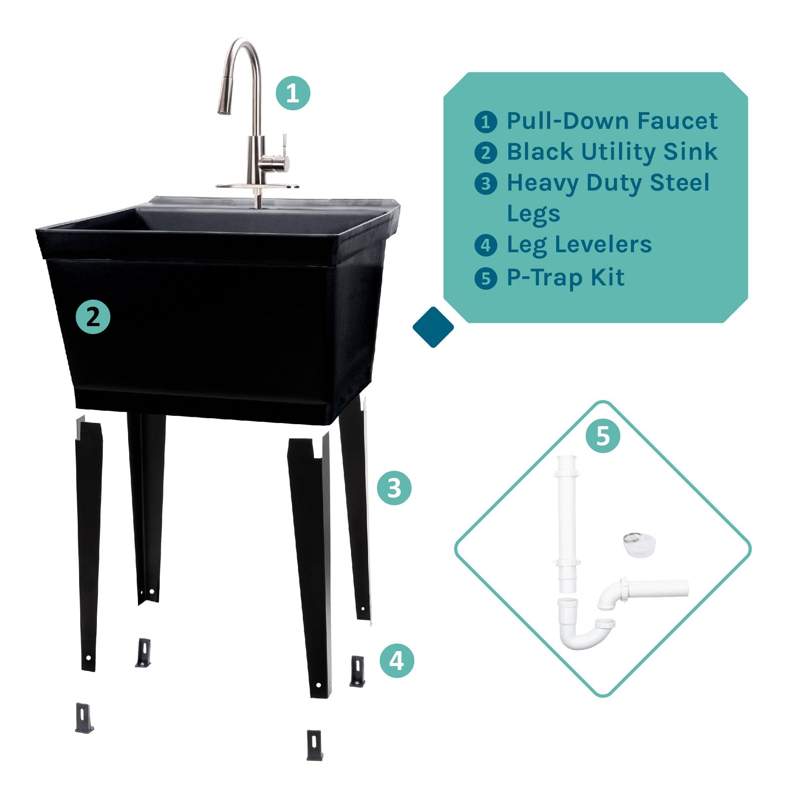 Tehila Standard Freestanding Black Utility Sink with Stainless Steel Finish High-Arc Pull-Down Faucet