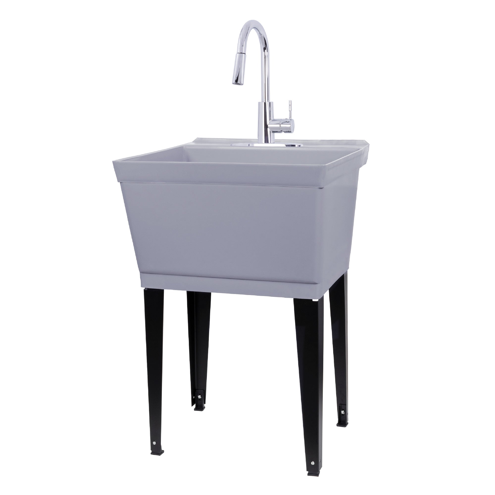 Tehila Standard Freestanding Grey Utility Sink with Chrome Finish High-Arc Pull-Down Faucet