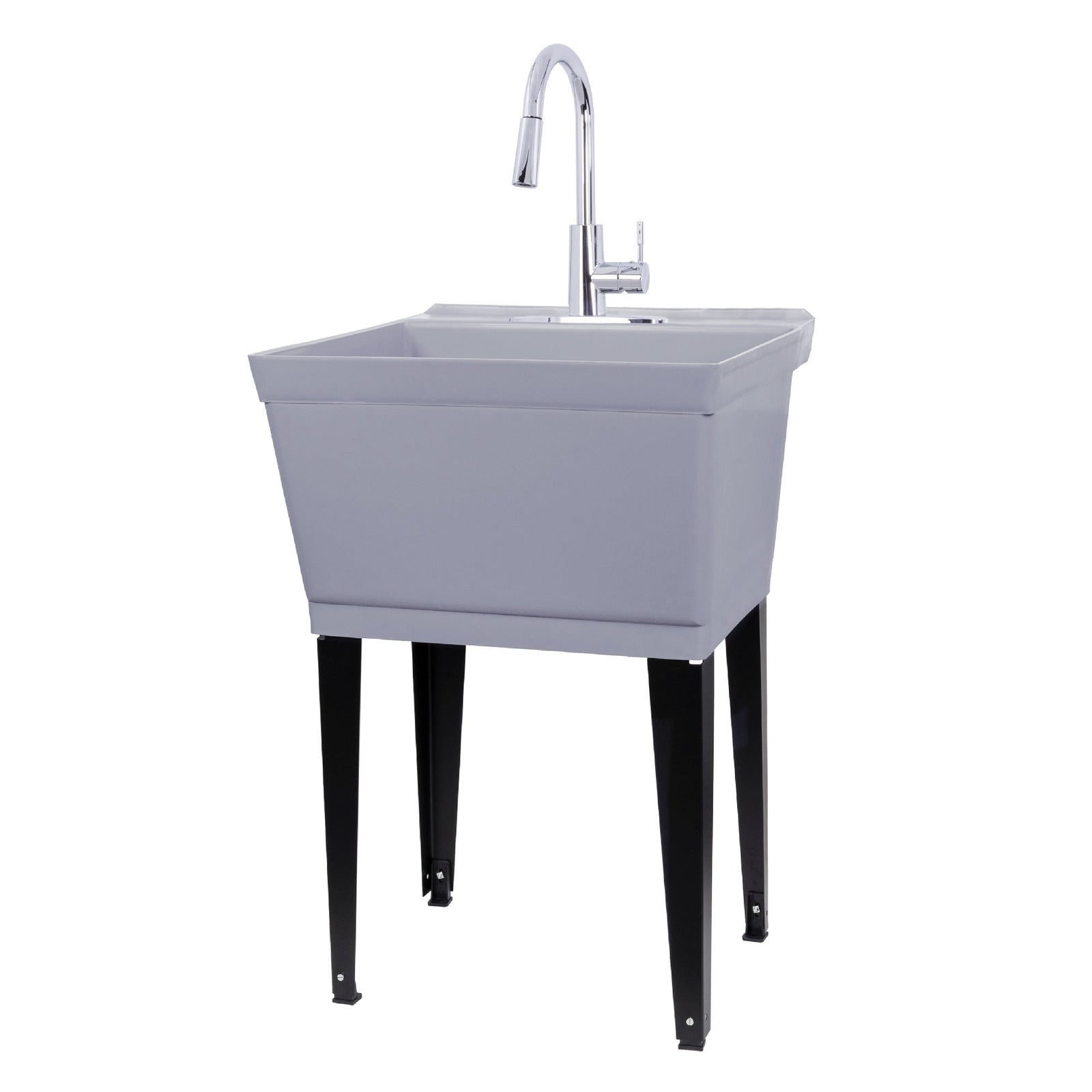 Tehila Standard Freestanding Grey Utility Sink with Chrome Finish High-Arc Pull-Down Faucet