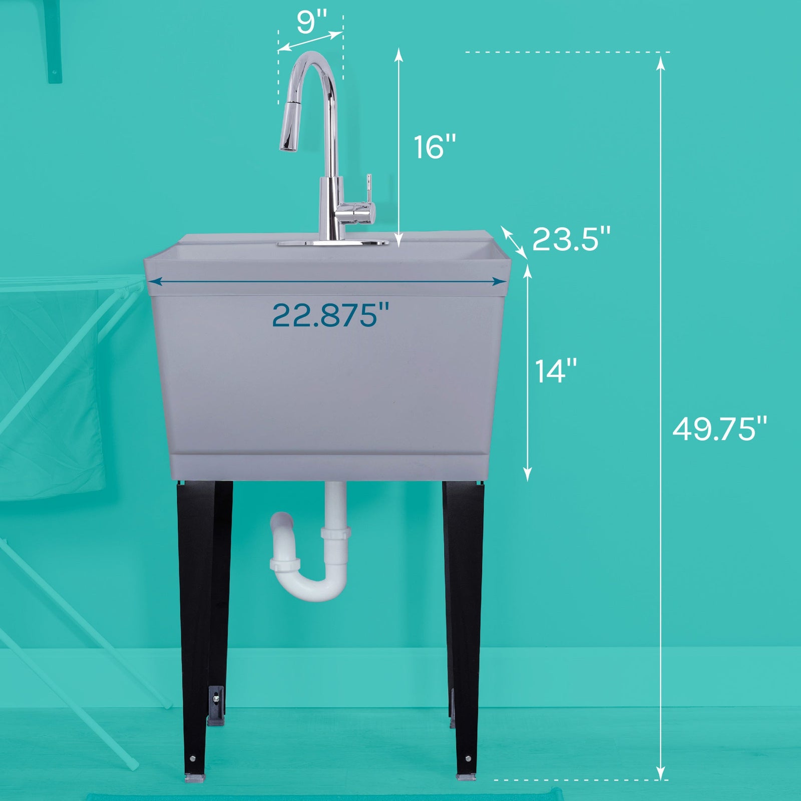 Tehila Standard Freestanding Grey Utility Sink with Chrome Finish High-Arc Pull-Down Faucet