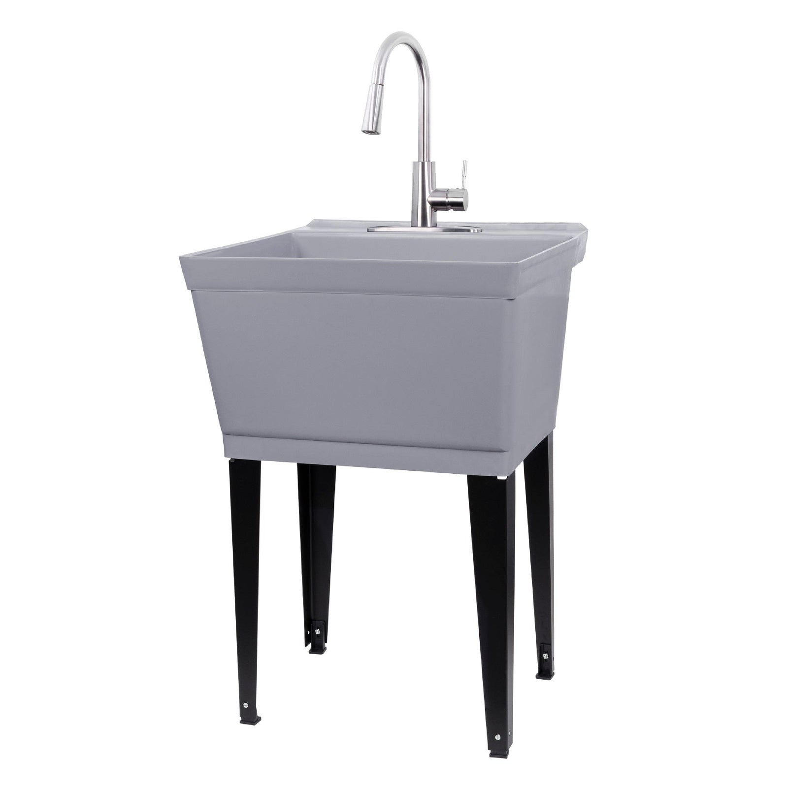 Tehila Standard Freestanding Grey Utility Sink with Stainless Steel Finish High-Arc Pull-Down Faucet