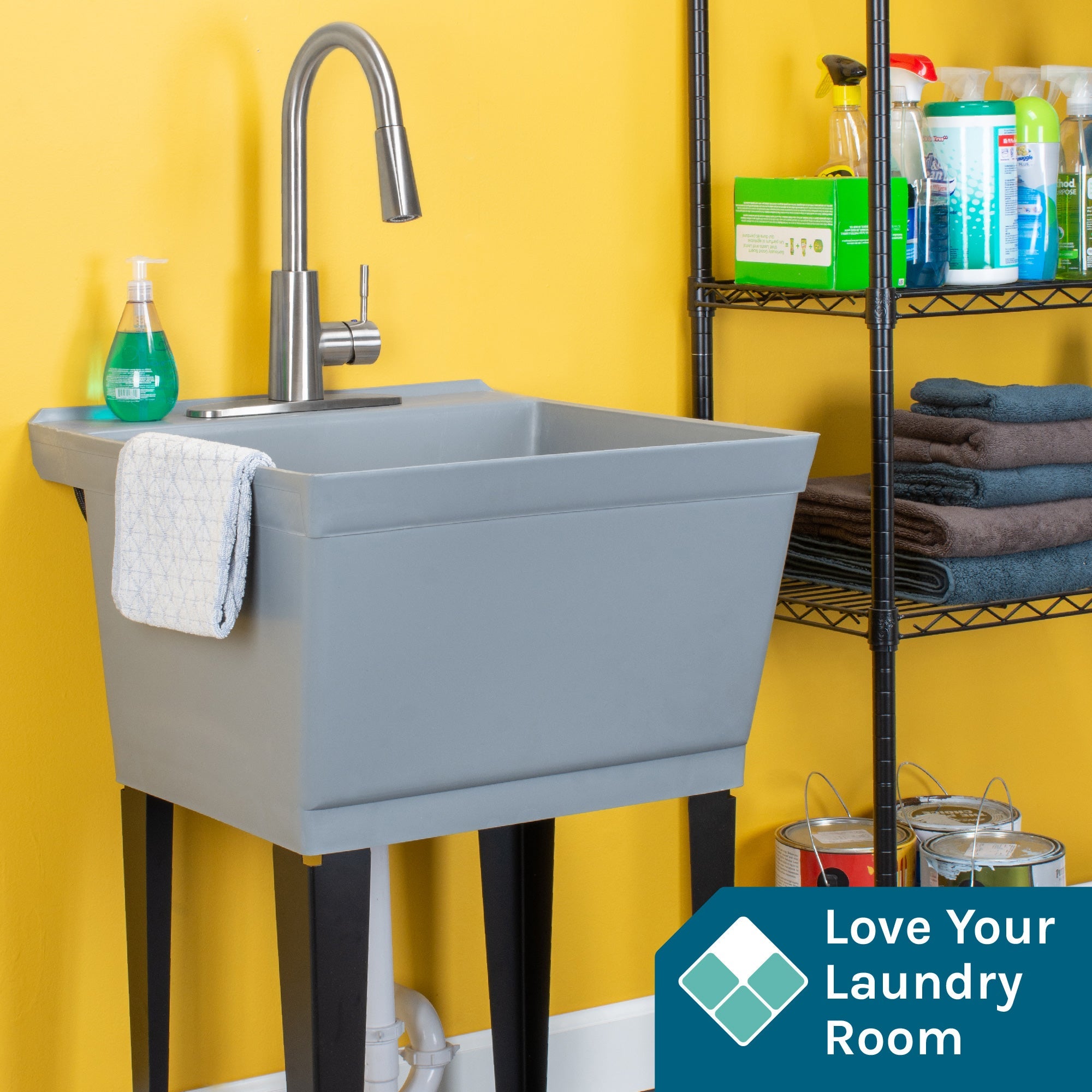 Tehila Standard Freestanding Grey Utility Sink with Stainless Steel Finish High-Arc Pull-Down Faucet