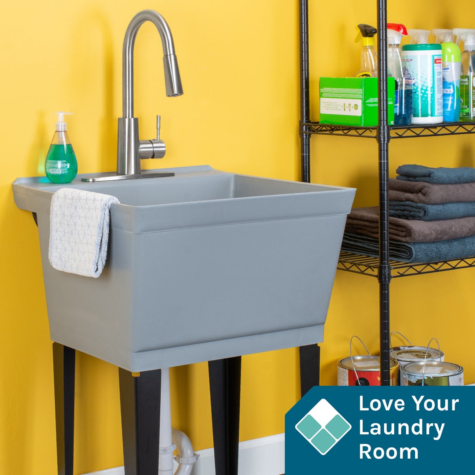 Tehila Standard Freestanding Grey Utility Sink with Stainless Steel Finish High-Arc Pull-Down Faucet