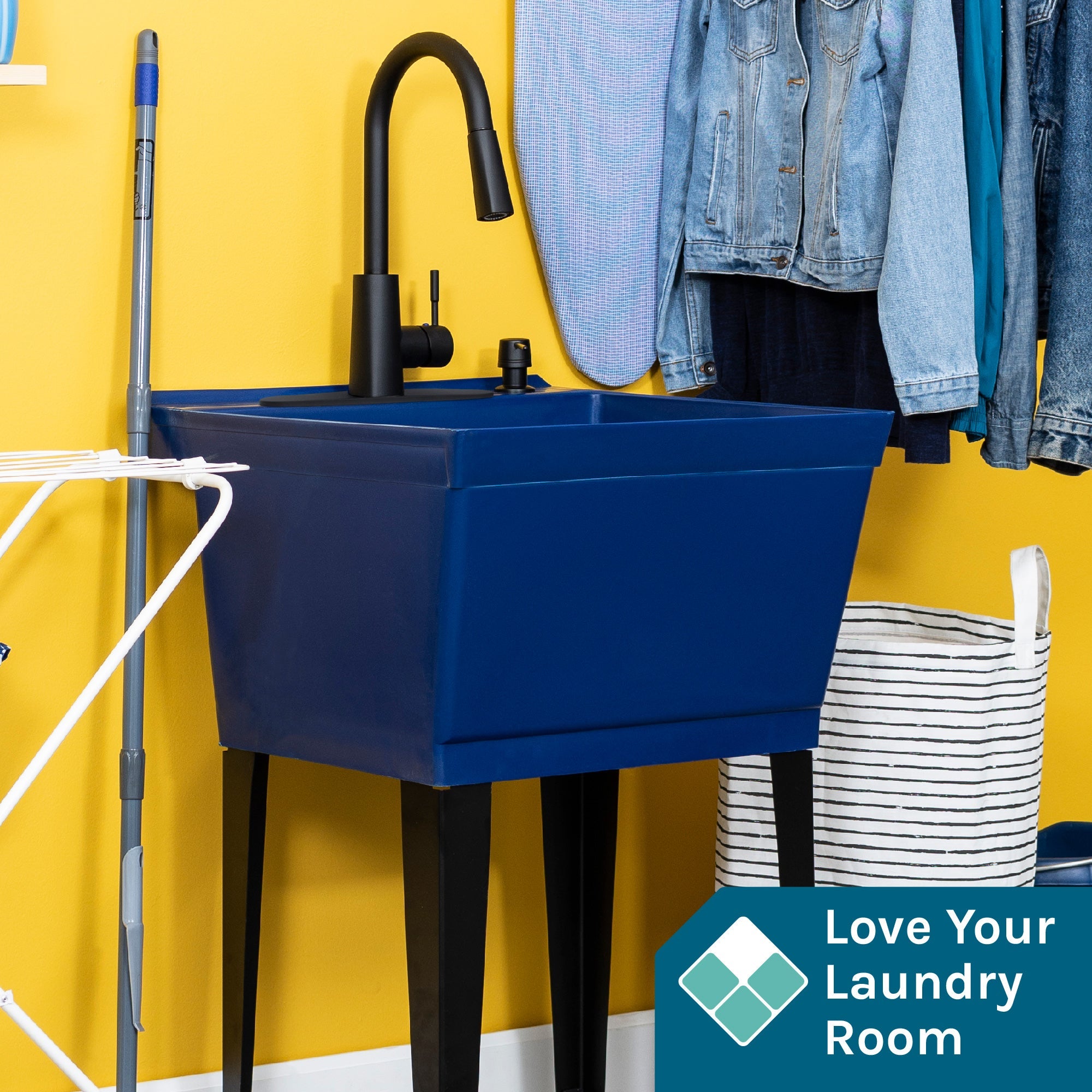 Tehila Standard Freestanding Blue Utility Sink with Black Finish High-Arc Pull-Down Faucet and Soap Dispenser