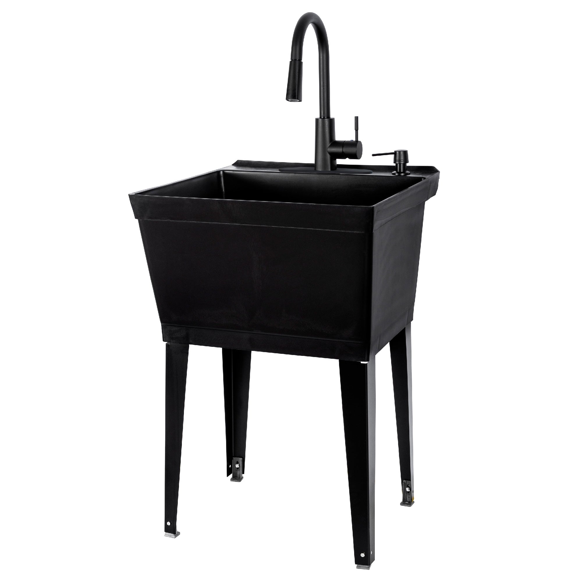 Tehila Standard Freestanding Black Utility Sink with Black Finish High-Arc Pull-Down Faucet and Soap Dispenser