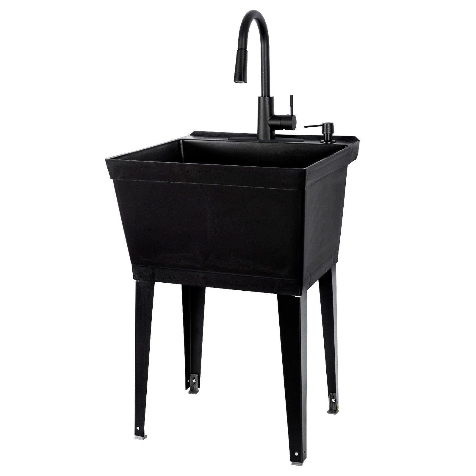 Tehila Standard Freestanding Black Utility Sink with Black Finish High-Arc Pull-Down Faucet and Soap Dispenser