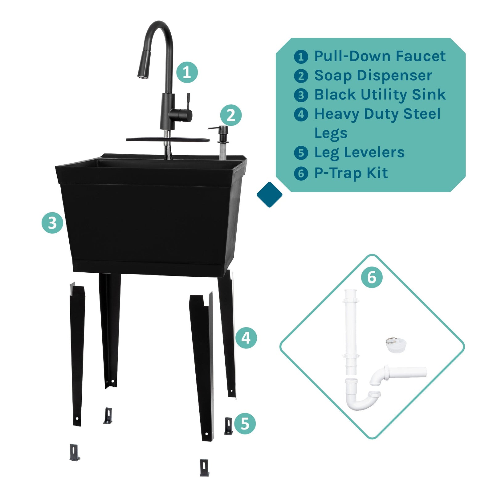 Tehila Standard Freestanding Black Utility Sink with Black Finish High-Arc Pull-Down Faucet and Soap Dispenser