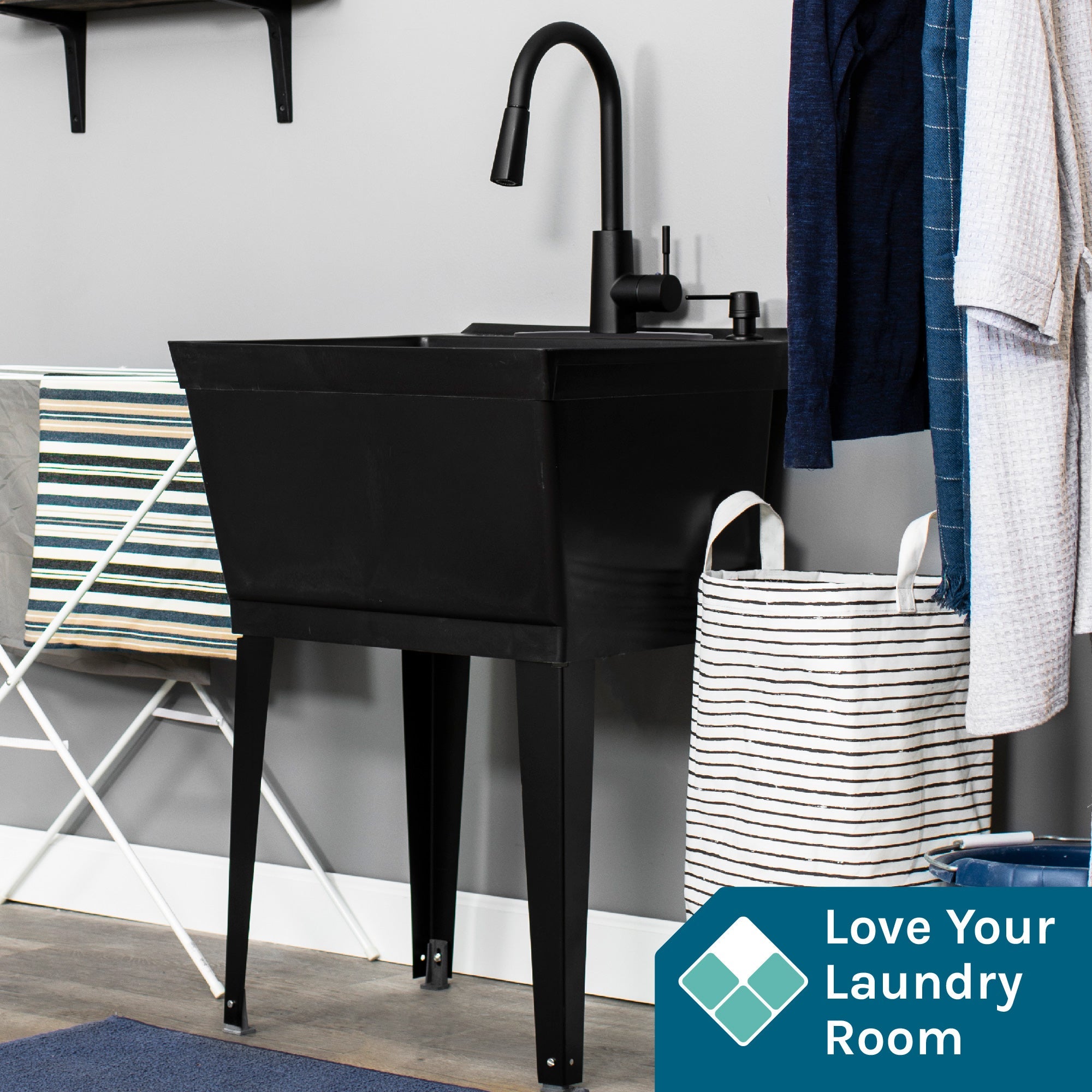 Tehila Standard Freestanding Black Utility Sink with Black Finish High-Arc Pull-Down Faucet and Soap Dispenser