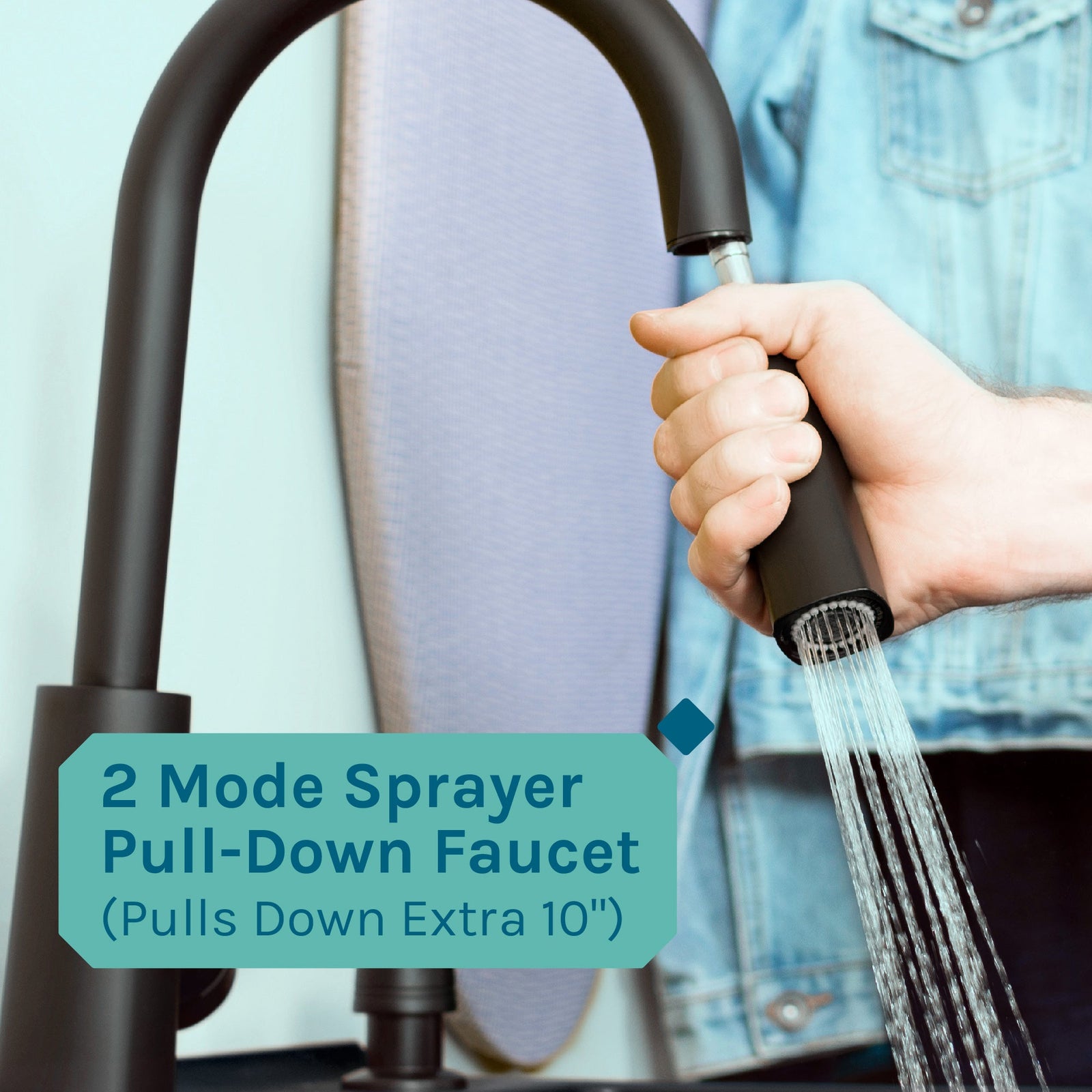 Tehila Standard Freestanding Black Utility Sink with Black Finish High-Arc Pull-Down Faucet and Soap Dispenser