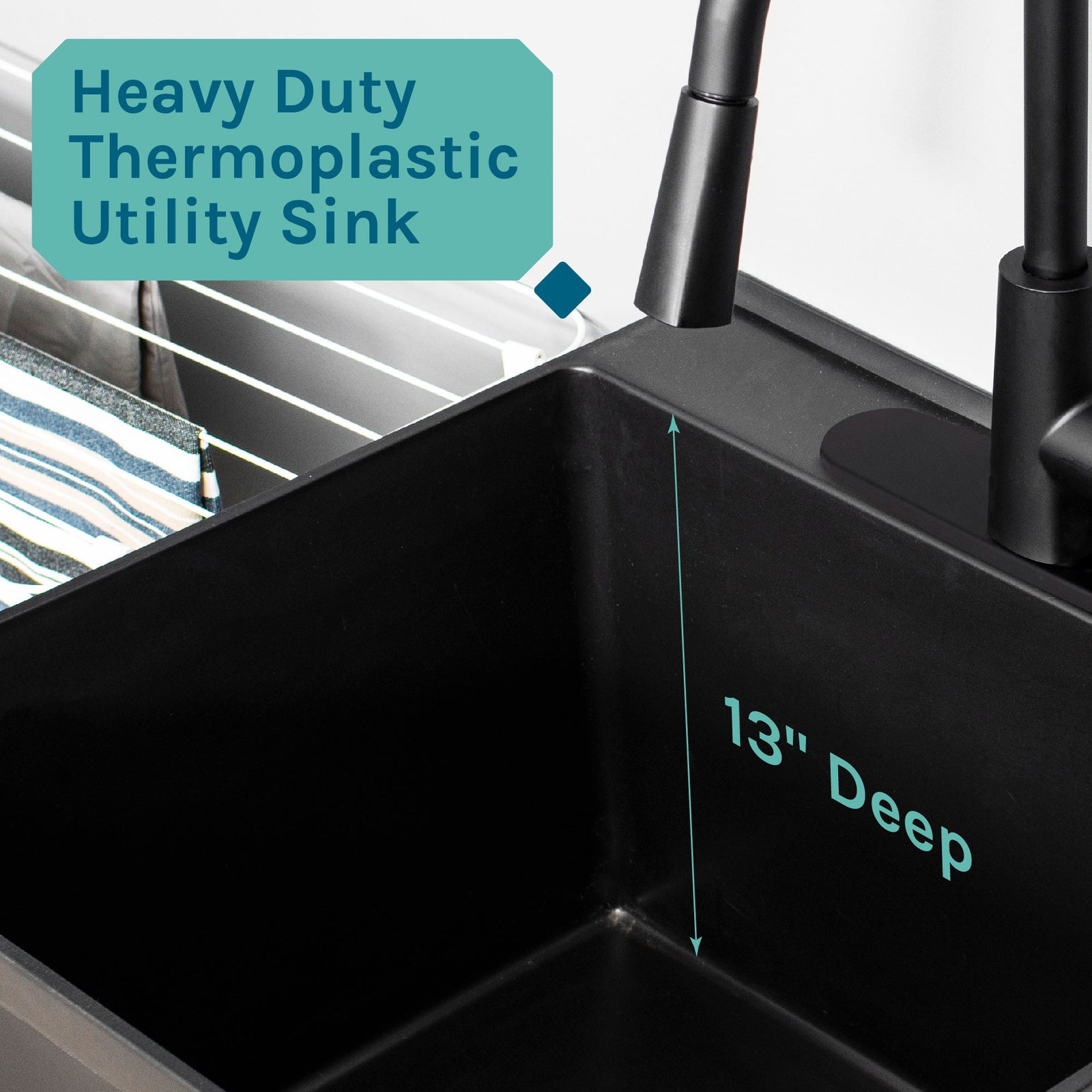 Tehila Standard Freestanding Black Utility Sink with Black Finish High-Arc Pull-Down Faucet and Soap Dispenser