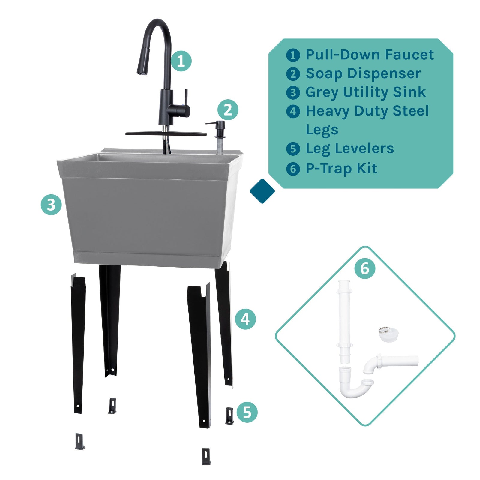 Tehila Standard Freestanding Grey Utility Sink with Black Finish High-Arc Pull-Down Faucet and Soap Dispenser