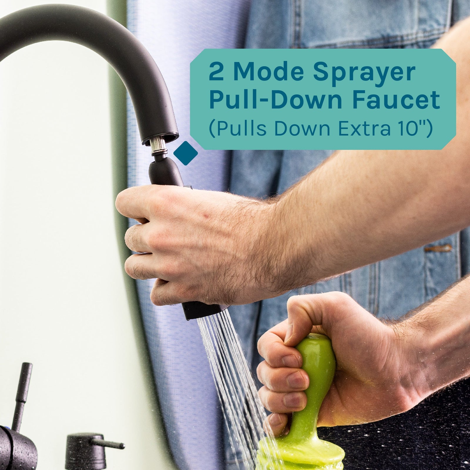 Tehila Standard Freestanding Grey Utility Sink with Black Finish High-Arc Pull-Down Faucet and Soap Dispenser