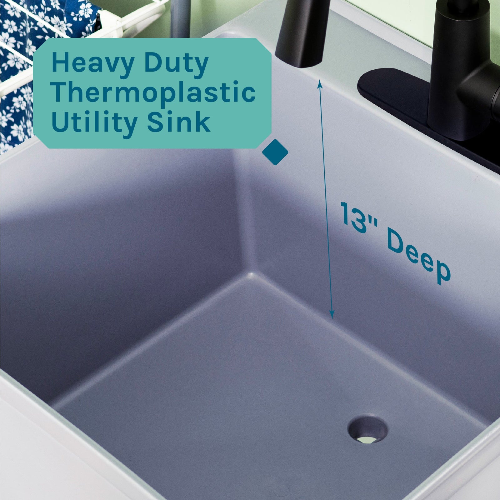 Tehila Standard Freestanding Grey Utility Sink with Black Finish High-Arc Pull-Down Faucet and Soap Dispenser