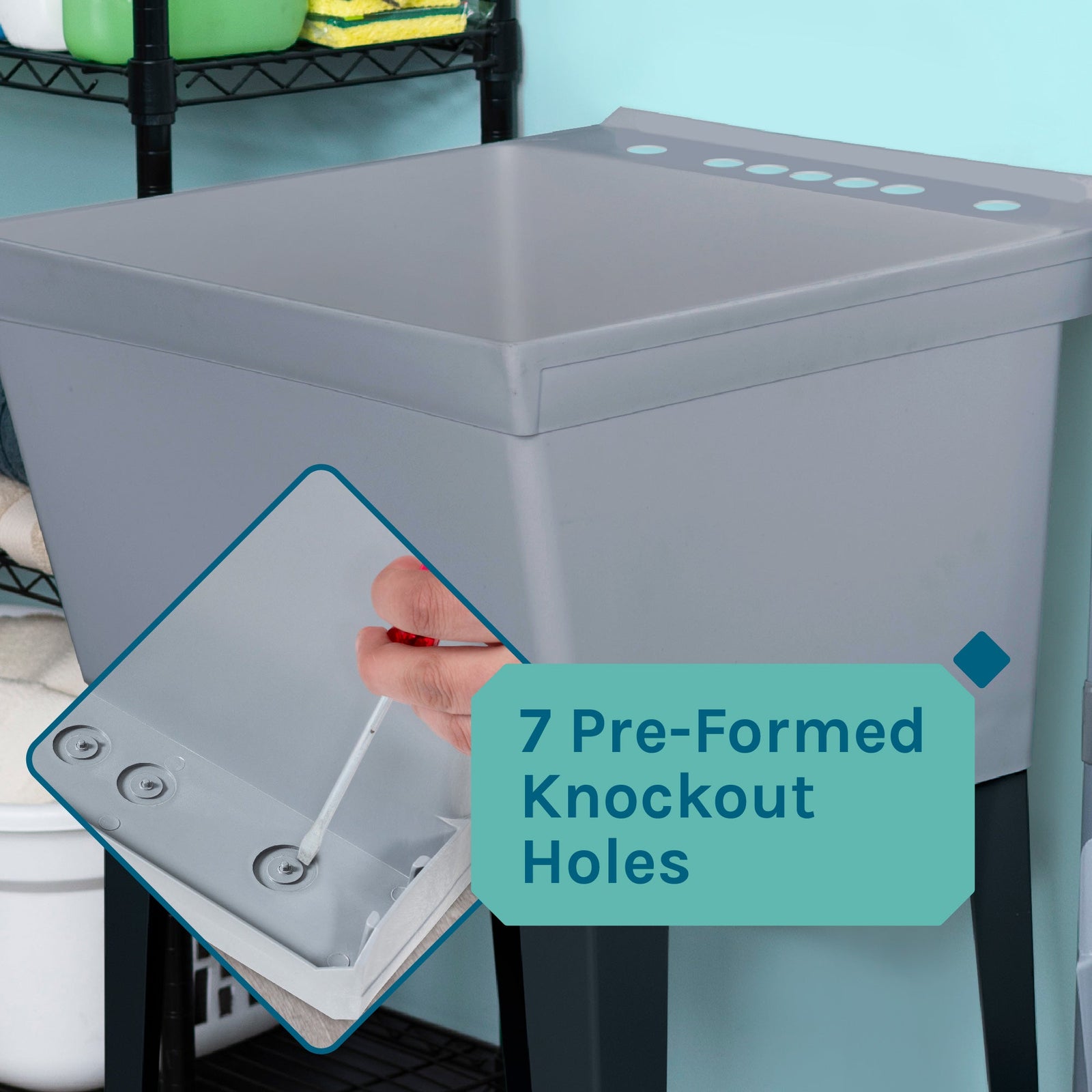 Tehila Standard Freestanding Grey Utility Sink with Black Finish High-Arc Pull-Down Faucet and Soap Dispenser