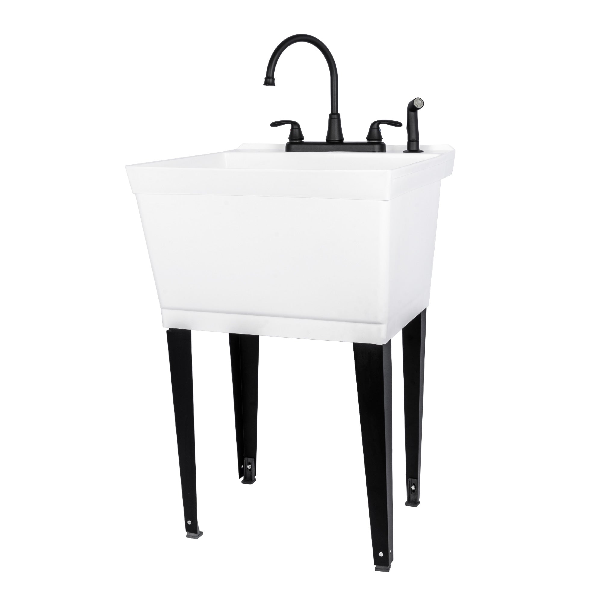 Tehila Standard Freestanding White Utility Sink with Black Legs and Black Finish Wide-set Gooseneck Faucet with Side Sprayer