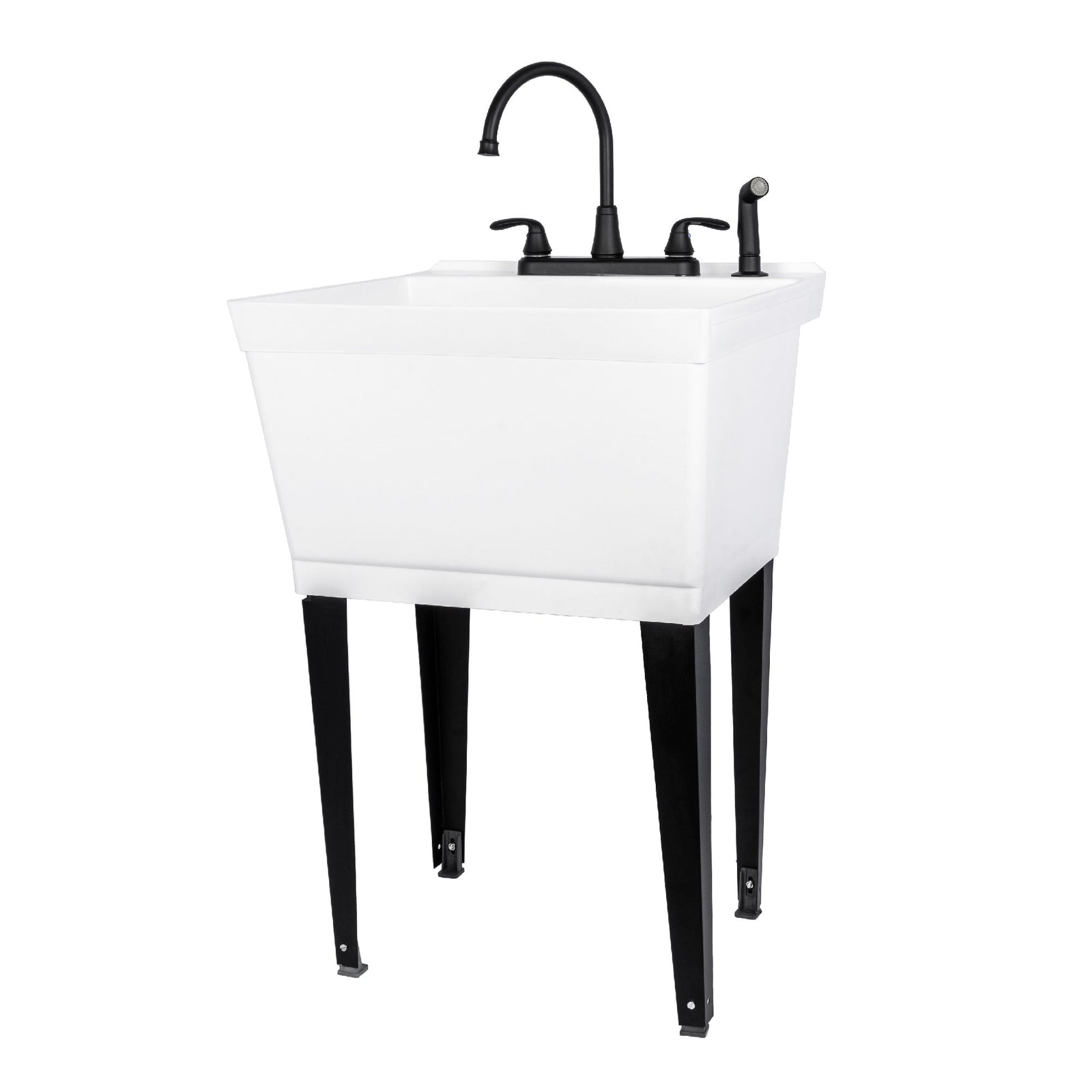Tehila Standard Freestanding White Utility Sink with Black Legs and Black Finish Wide-set Gooseneck Faucet with Side Sprayer