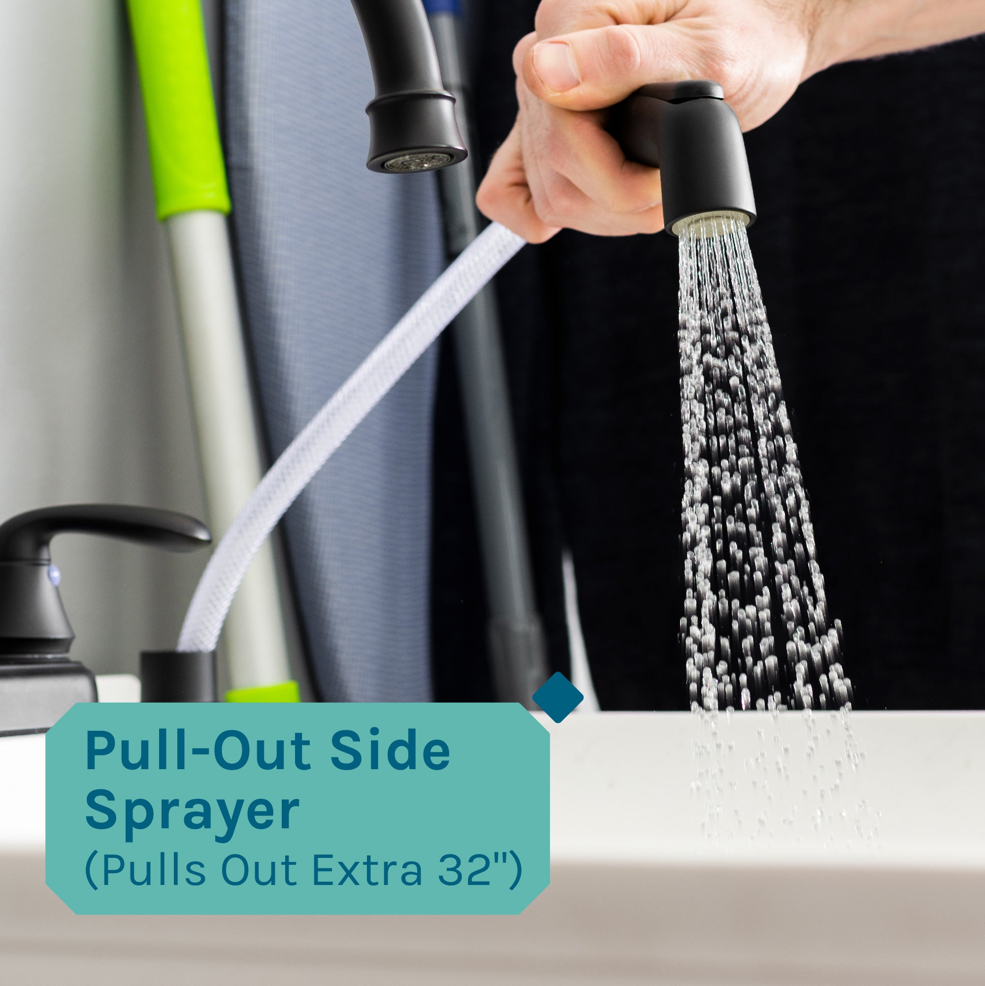 Tehila Standard Freestanding White Utility Sink with Black Legs and Black Finish Wide-set Gooseneck Faucet with Side Sprayer