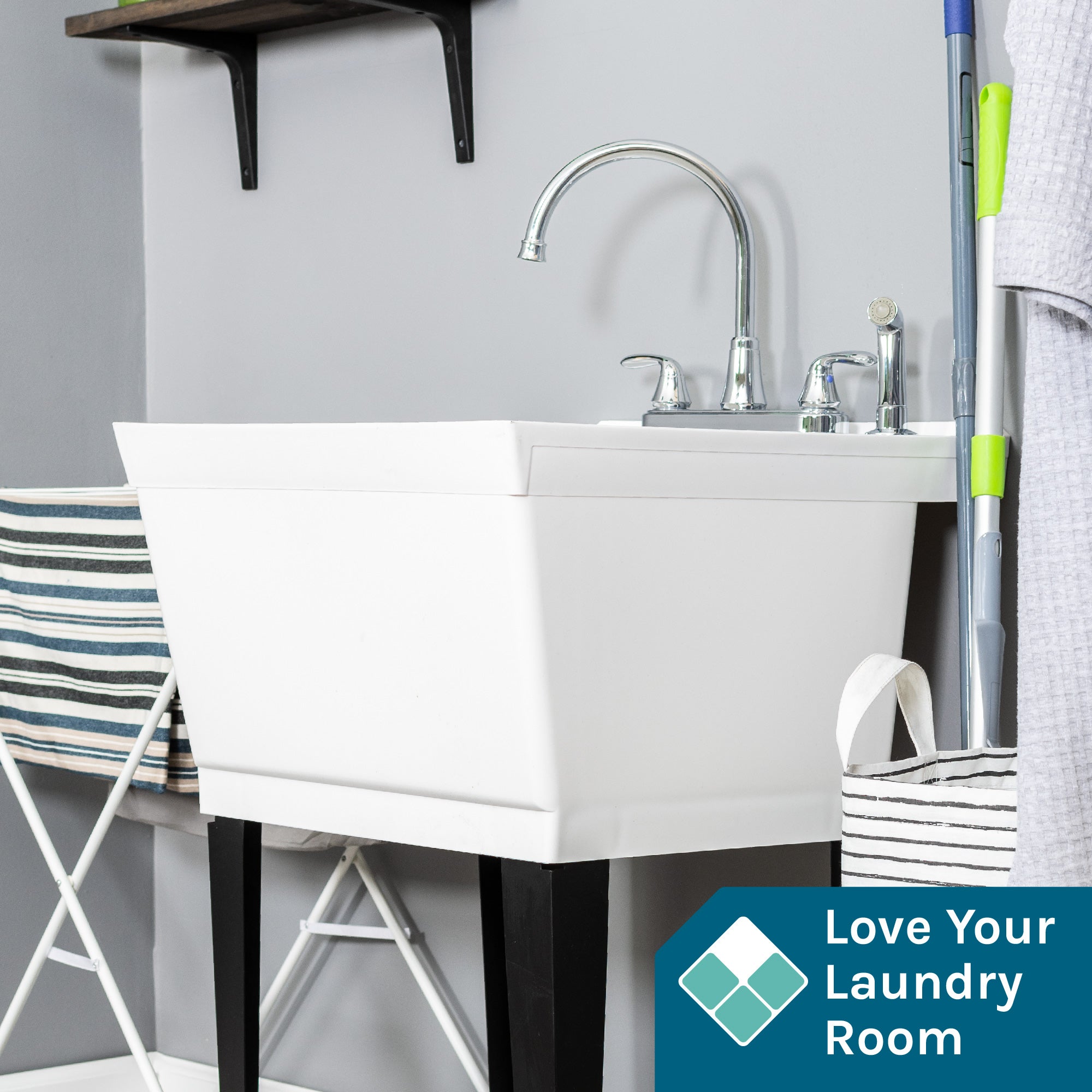 Tehila Standard Freestanding White Utility Sink with Black Legs and Chrome Finish Wide-set Gooseneck Faucet with Side Sprayer