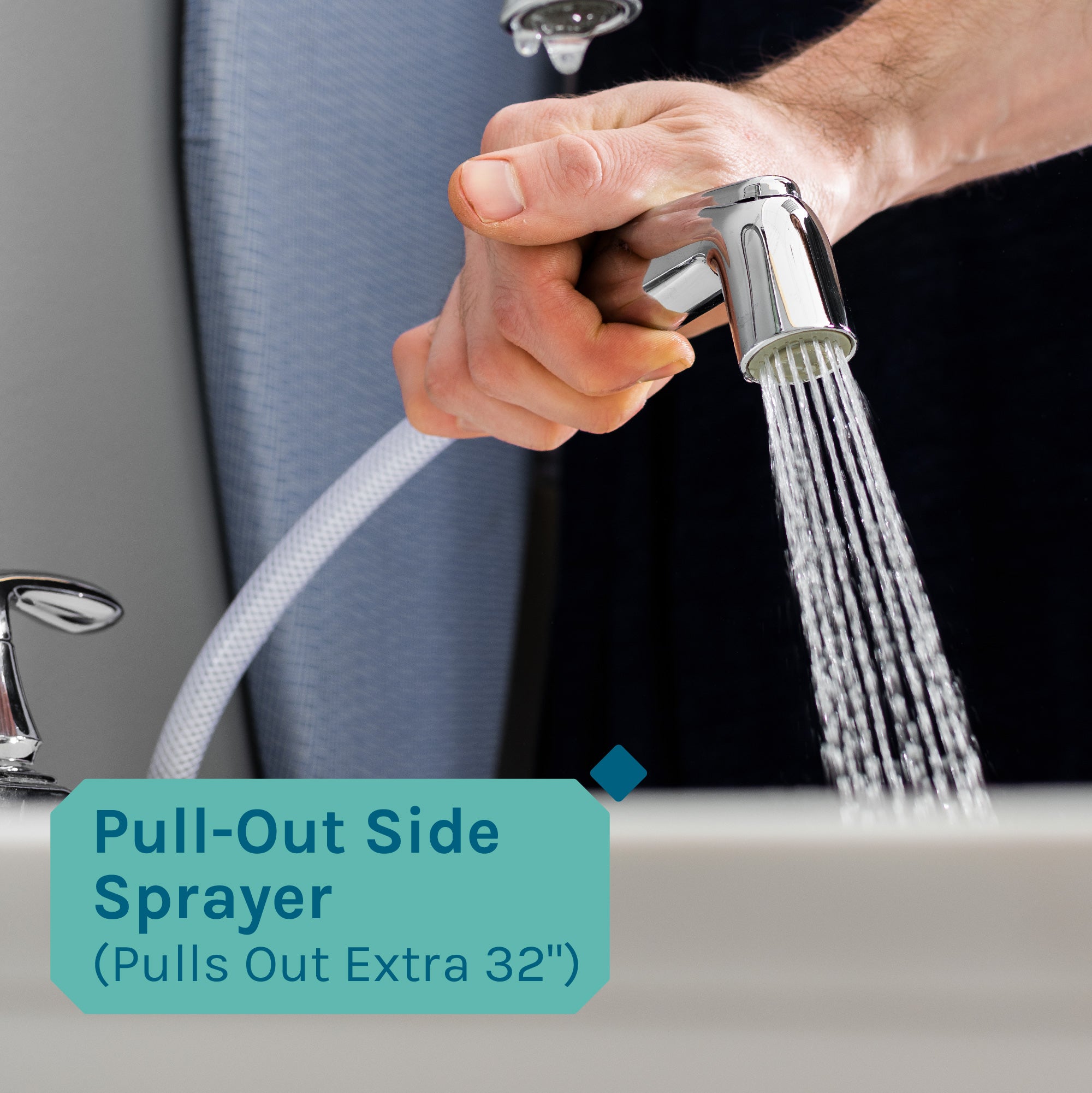 Tehila Standard Freestanding White Utility Sink with Black Legs and Chrome Finish Wide-set Gooseneck Faucet with Side Sprayer