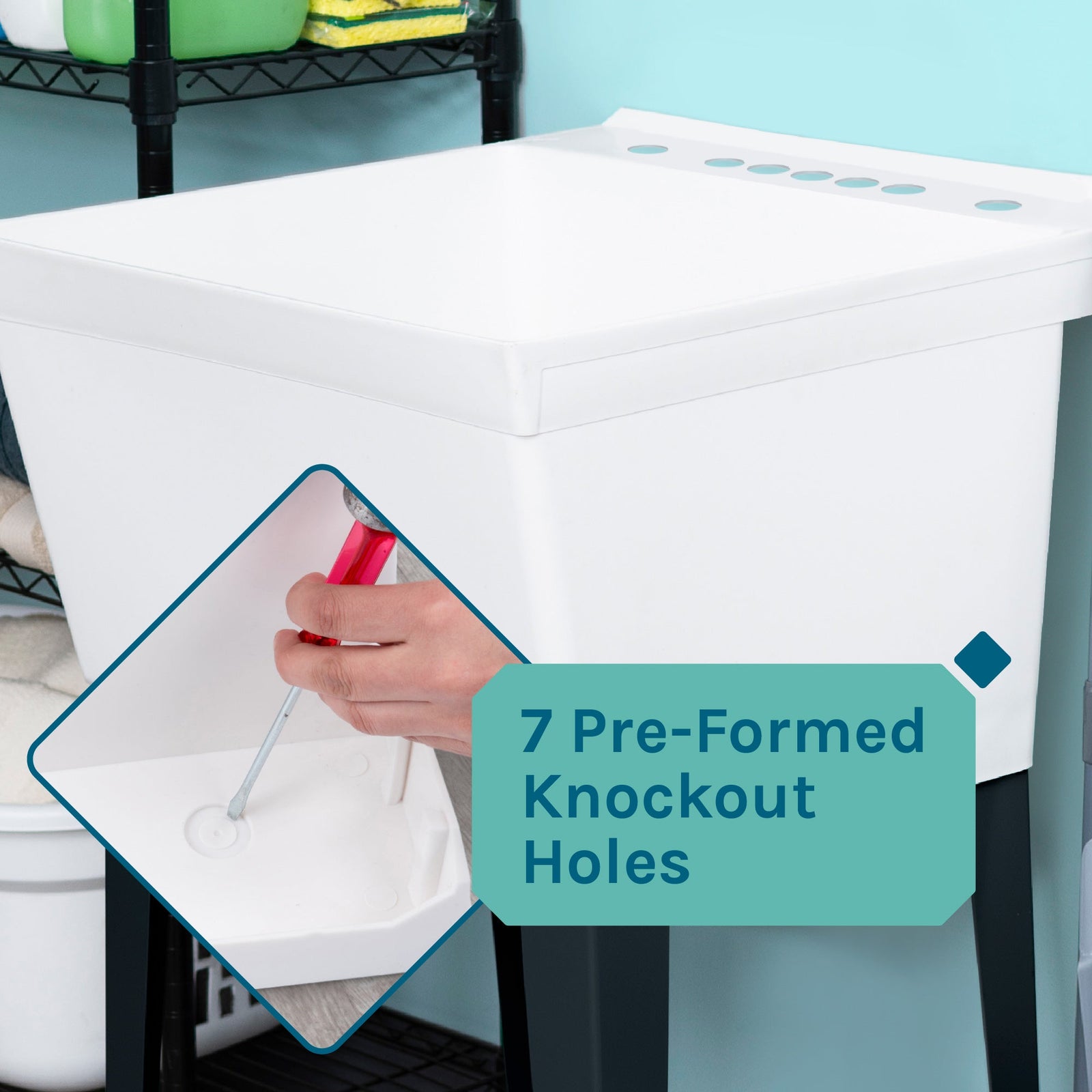 Tehila Standard Freestanding White Utility Sink with Black Legs and Chrome Finish Wide-set Gooseneck Faucet with Side Sprayer