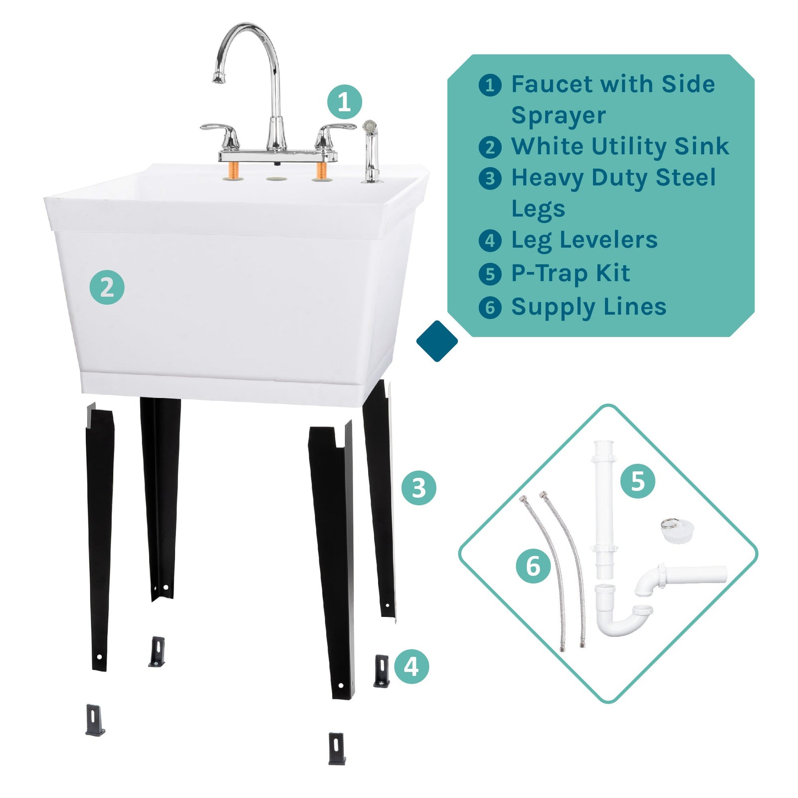 Tehila Standard Freestanding White Utility Sink with Black Legs and Chrome Finish Wide-set Gooseneck Faucet with Side Sprayer