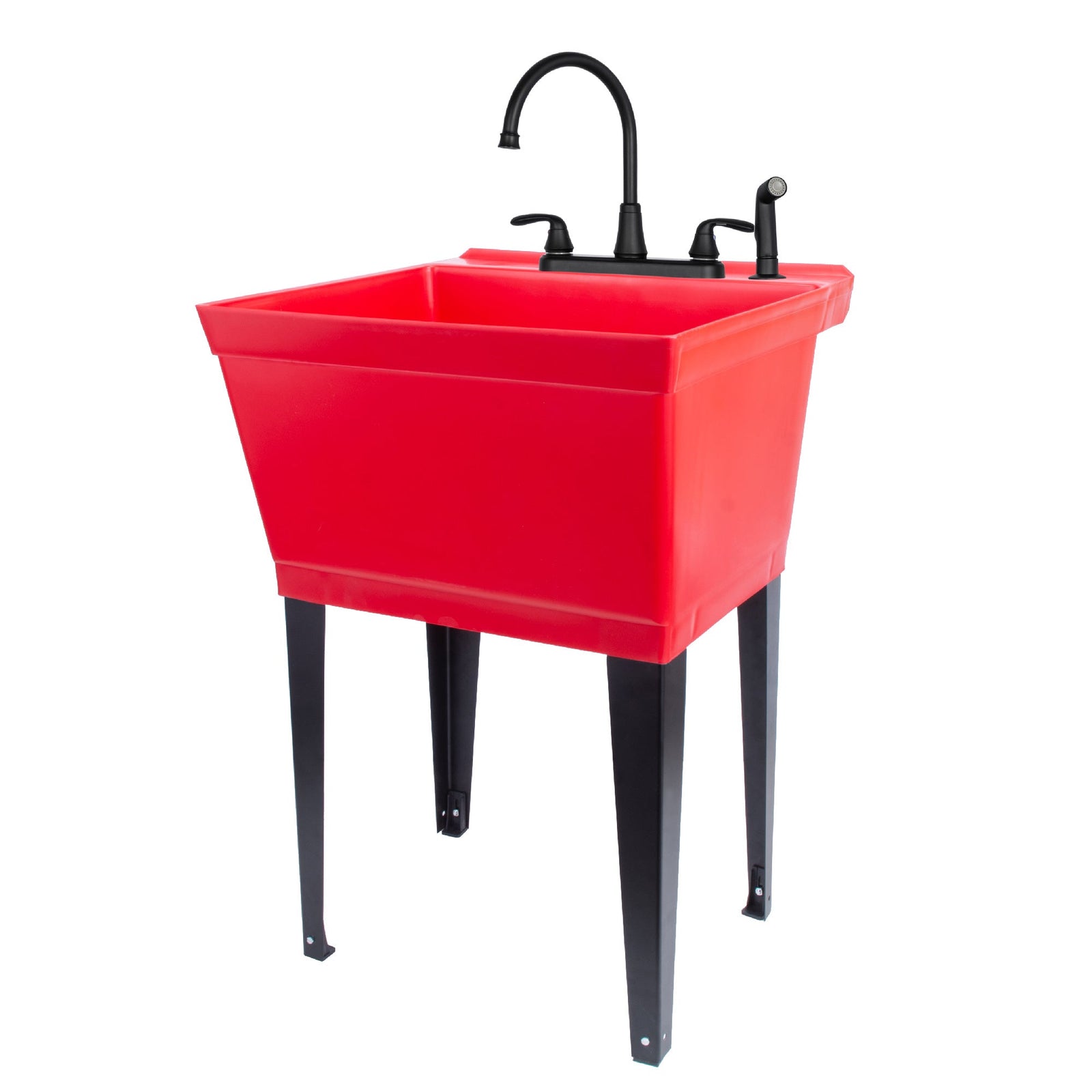 Tehila Standard Freestanding Red Utility Sink with Black Legs and Black Finish Wide-set Gooseneck Faucet with Side Sprayer