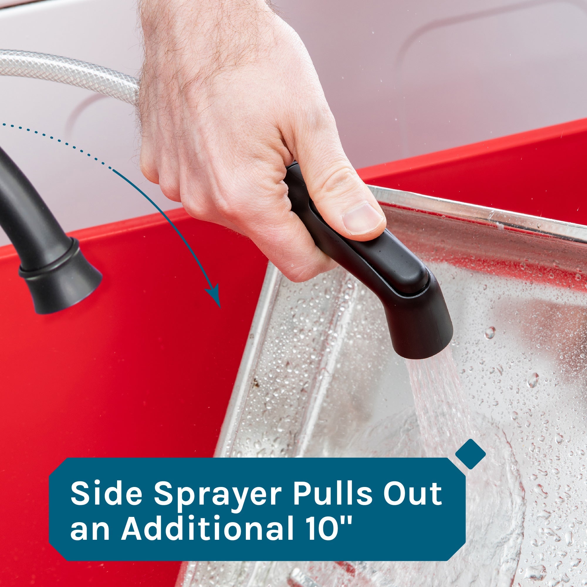 Tehila Standard Freestanding Red Utility Sink with Black Legs and Black Finish Wide-set Gooseneck Faucet with Side Sprayer