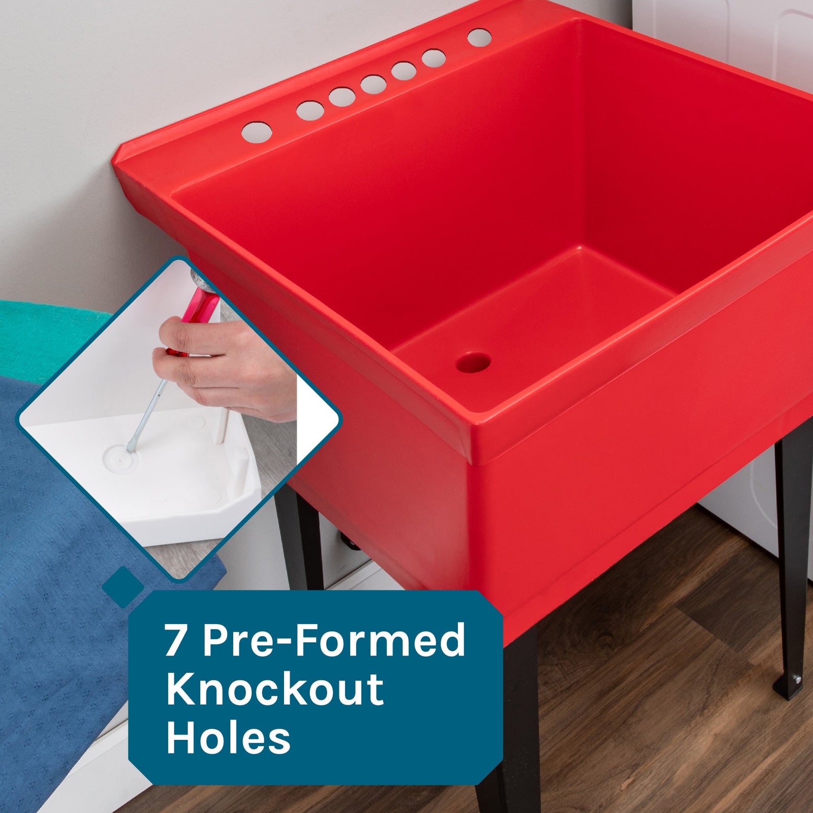 Tehila Standard Freestanding Red Utility Sink with Black Legs and Black Finish Wide-set Gooseneck Faucet with Side Sprayer