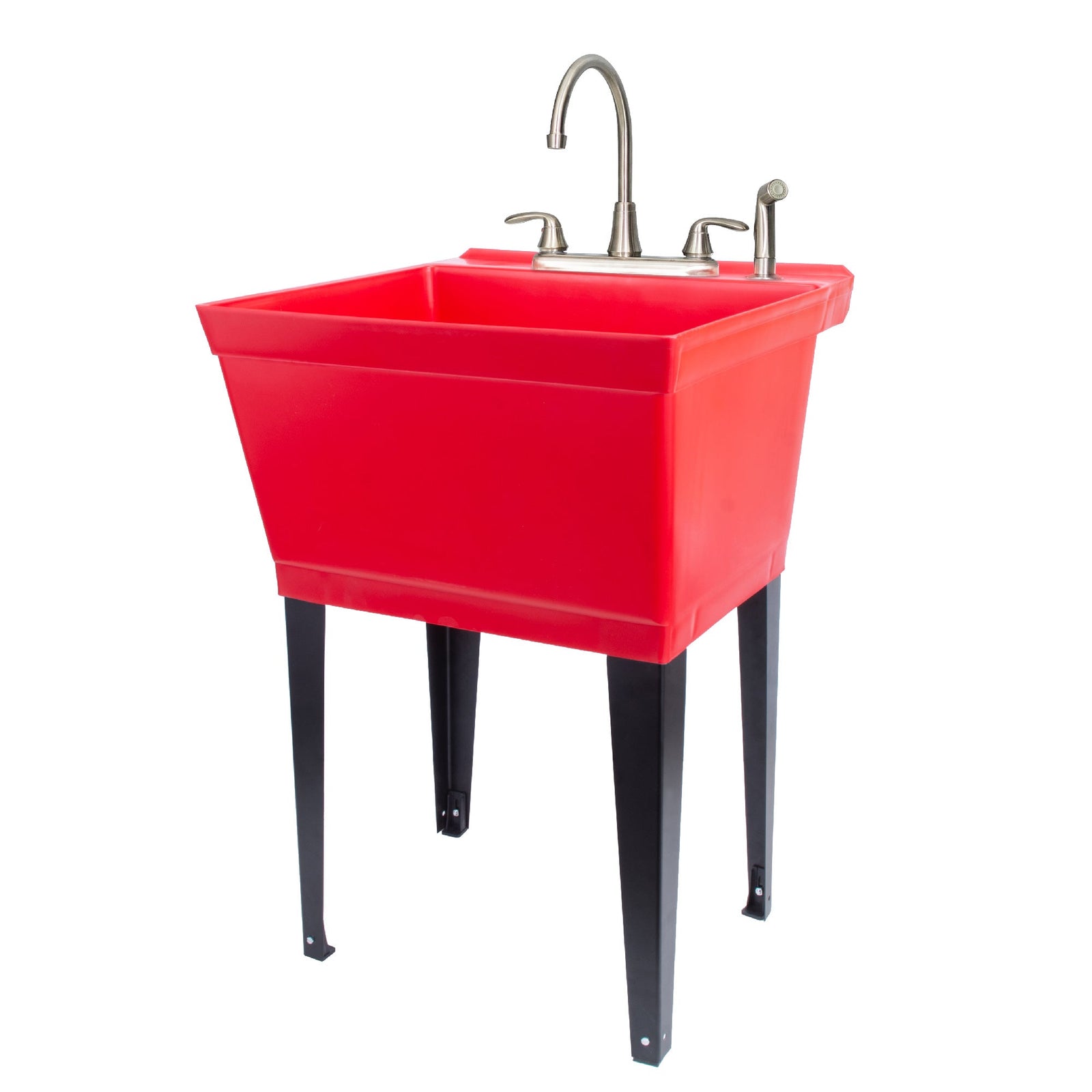 Tehila Standard Freestanding Red Utility Sink with Black Legs and Stainless Steel Finish Wide-set Gooseneck Faucet with Side Sprayer