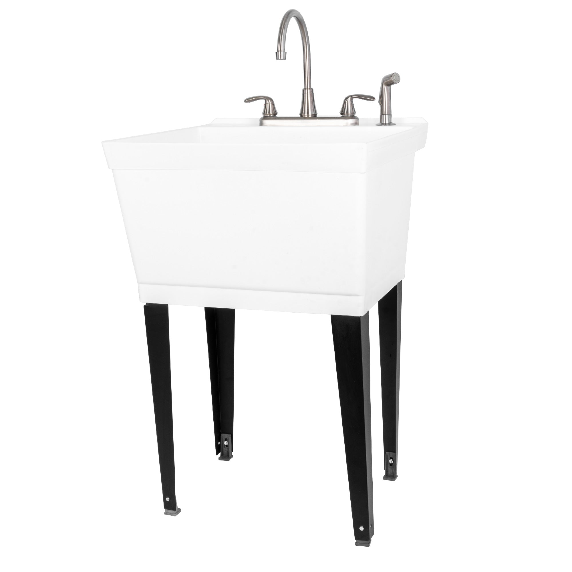 Tehila Standard Freestanding White Utility Sink with Black Legs and Stainless Steel Finish Wide-set Gooseneck Faucet with Side Sprayer