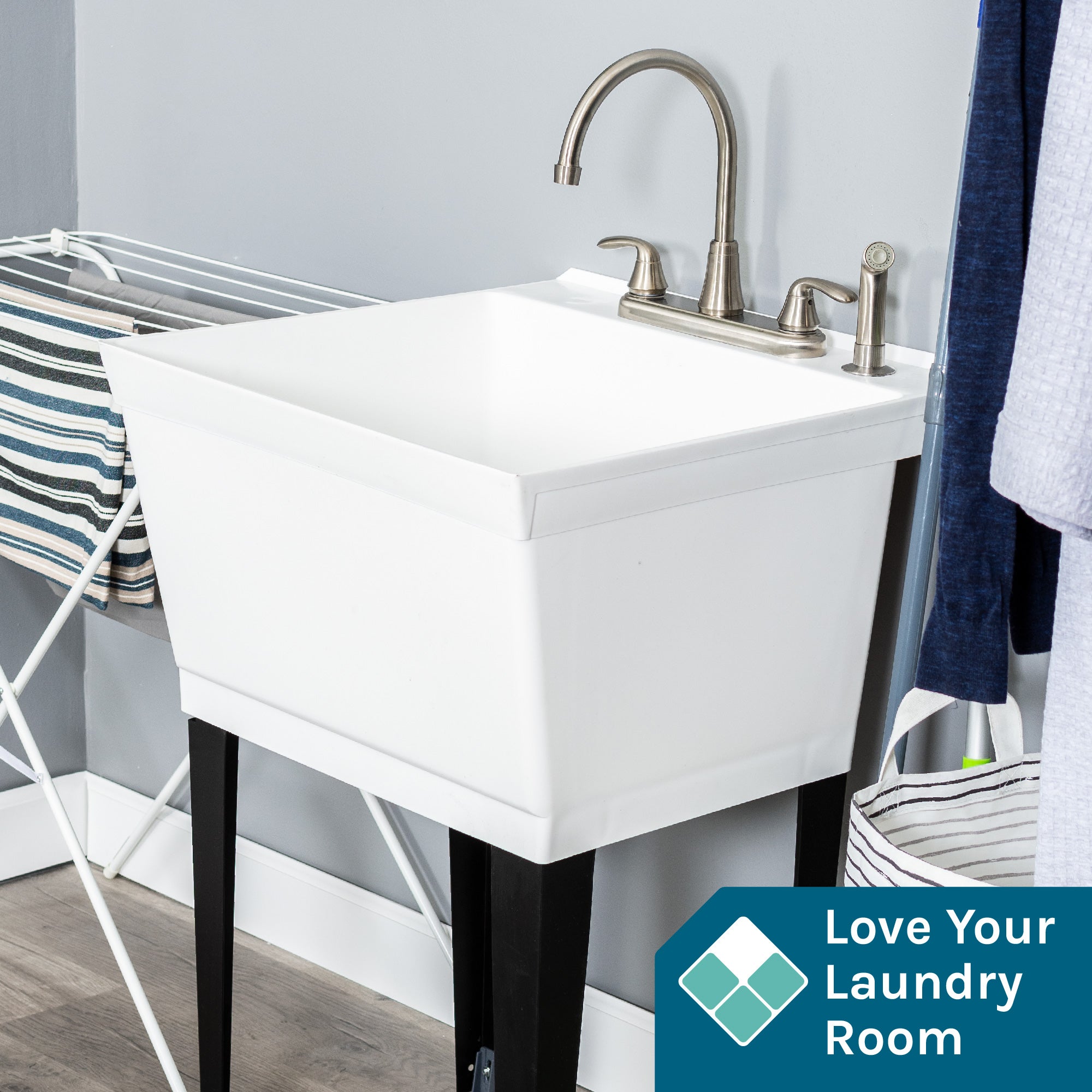 Tehila Standard Freestanding White Utility Sink with Black Legs and Stainless Steel Finish Wide-set Gooseneck Faucet with Side Sprayer