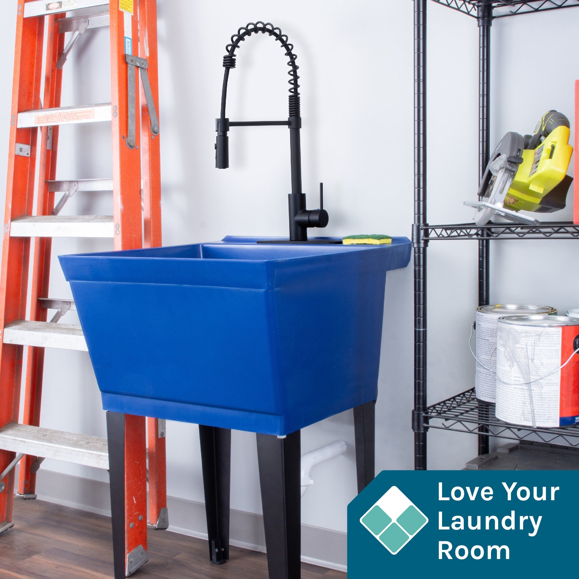 Tehila Standard Freestanding Blue Utility Sink with Black Finish High-Arc Coil Pull-Down Faucet