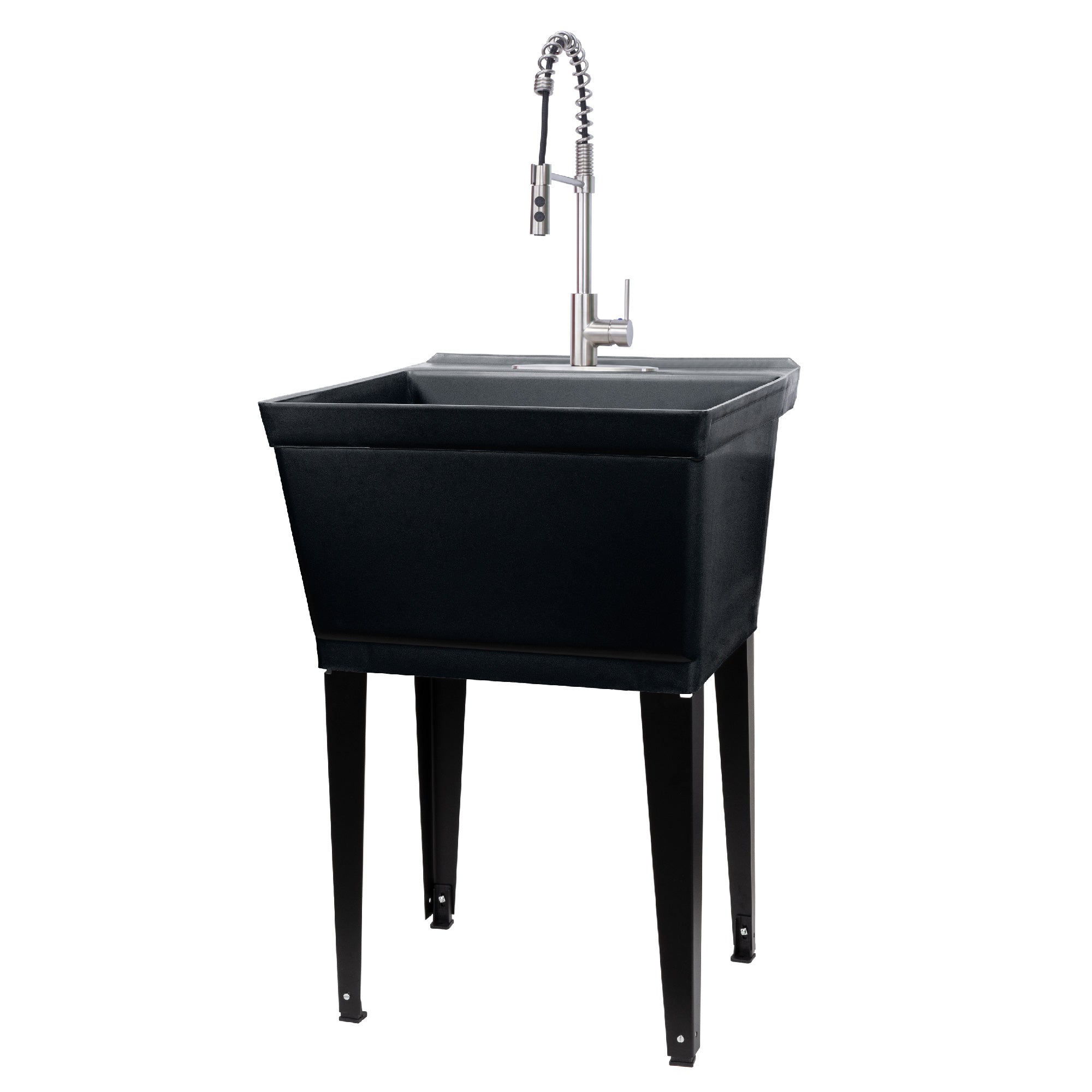 Tehila Standard Freestanding Black Utility Sink with Stainless Steel Finish High-Arc Coil Pull-Down Faucet
