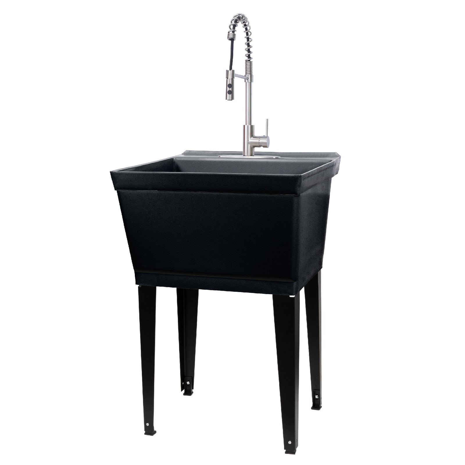 Tehila Standard Freestanding Black Utility Sink with Stainless Steel Finish High-Arc Coil Pull-Down Faucet