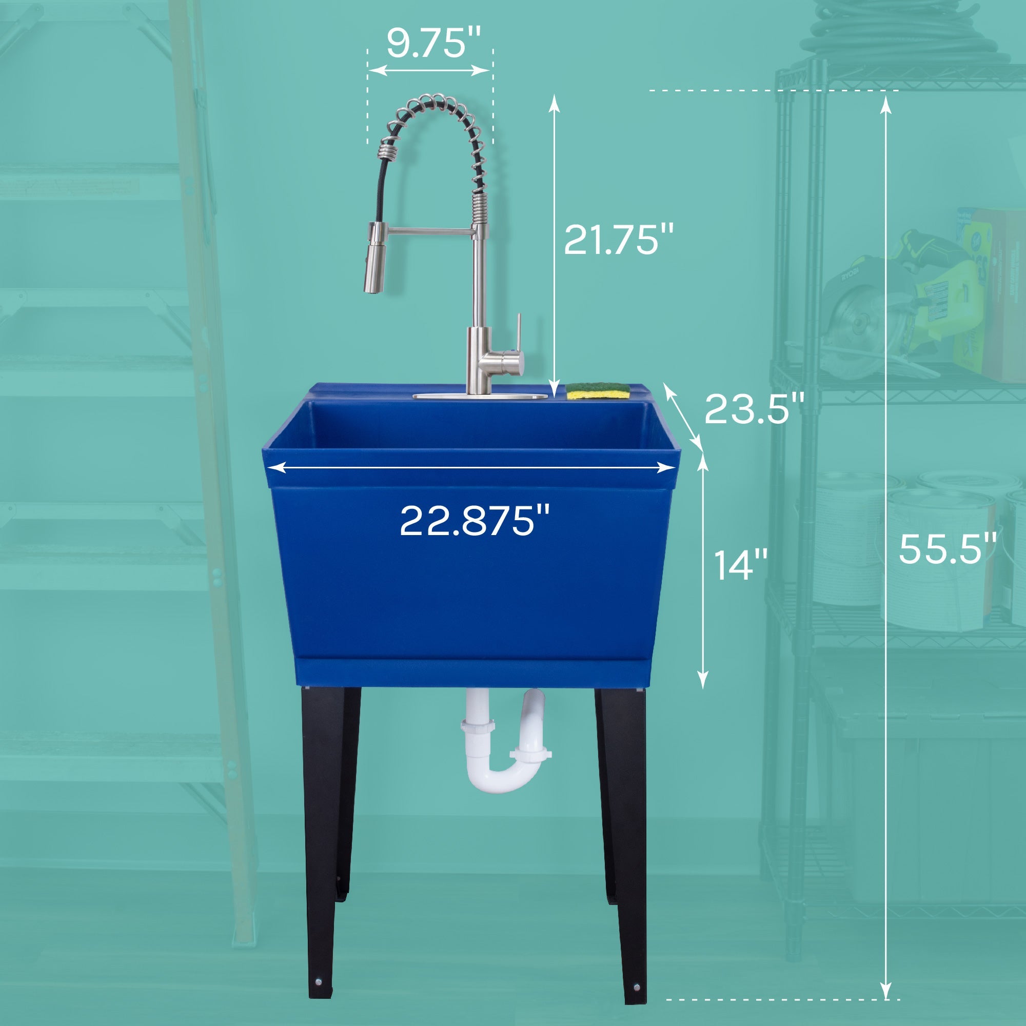 Tehila Standard Freestanding Blue Utility Sink with Stainless Steel Finish High-Arc Coil Pull-Down Faucet