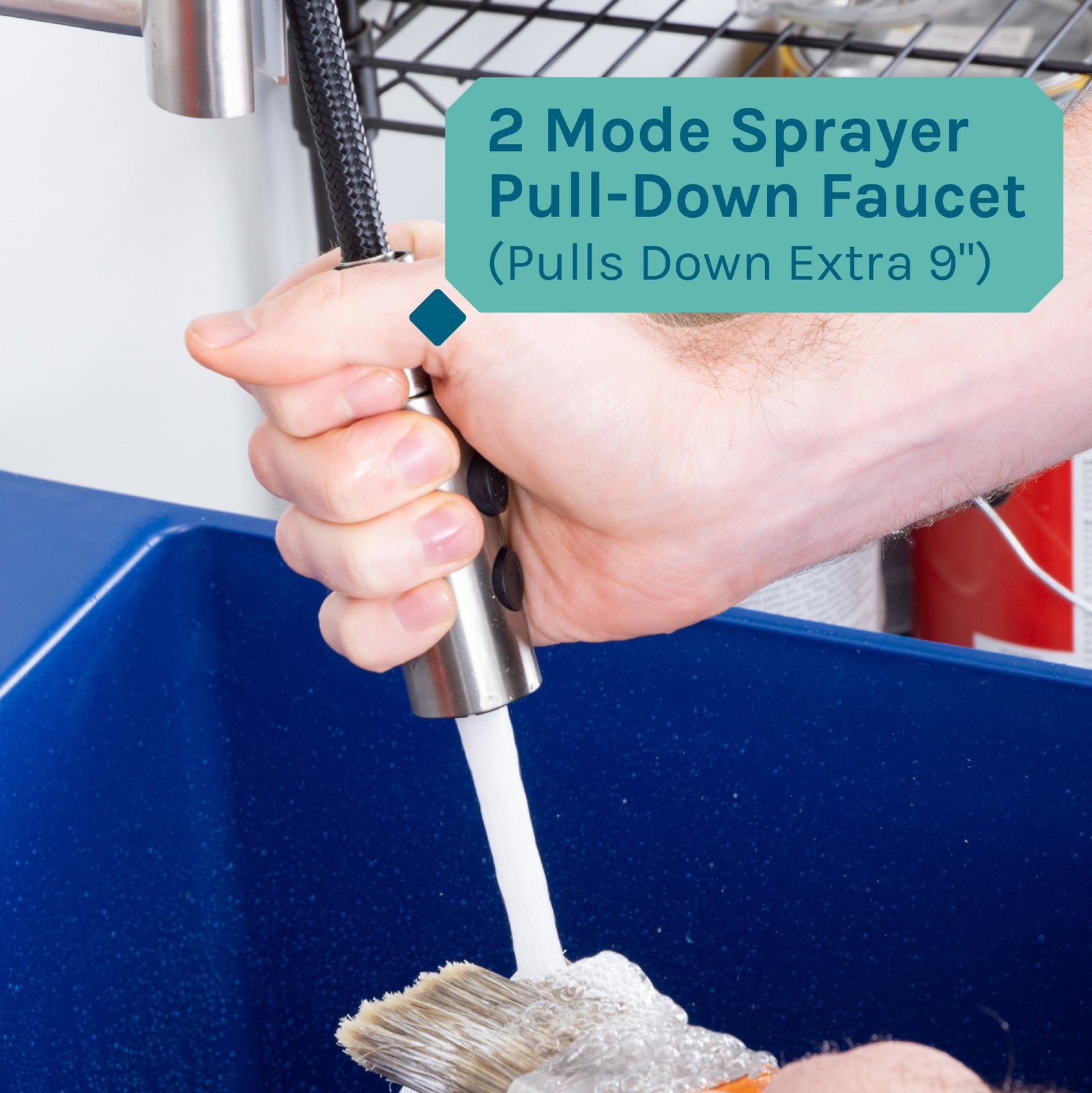 Tehila Standard Freestanding Blue Utility Sink with Stainless Steel Finish High-Arc Coil Pull-Down Faucet