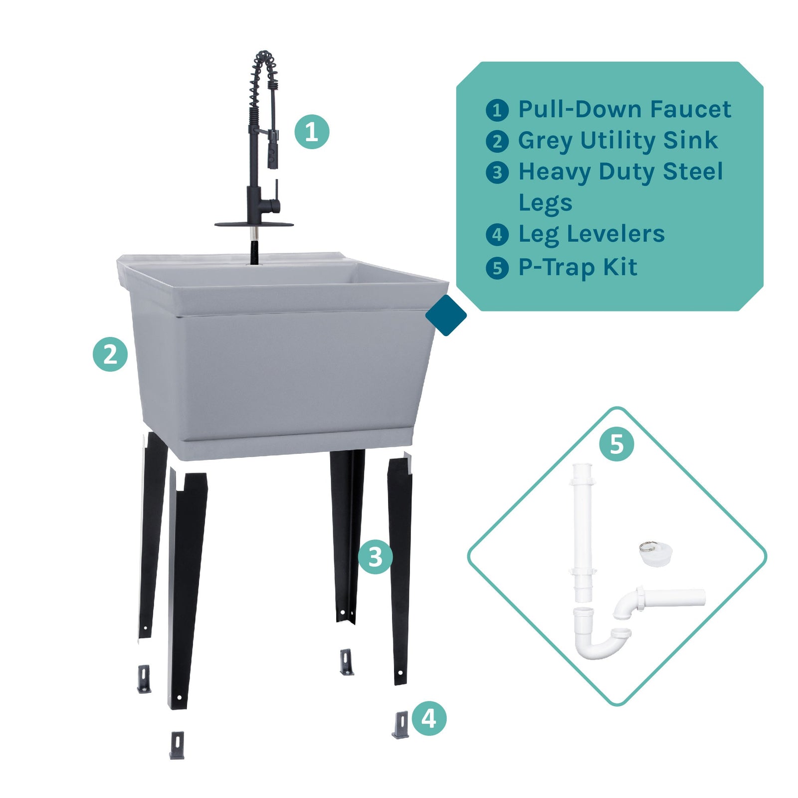 Tehila Standard Freestanding Grey Utility Sink with Black Finish High-Arc Coil Pull-Down Faucet