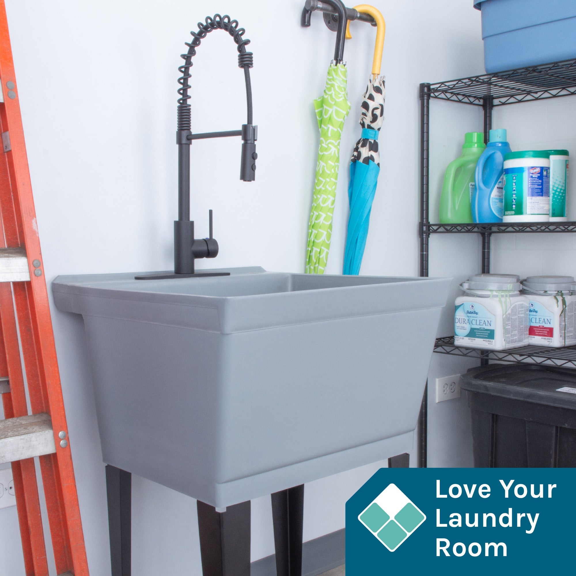 Tehila Standard Freestanding Grey Utility Sink with Black Finish High-Arc Coil Pull-Down Faucet