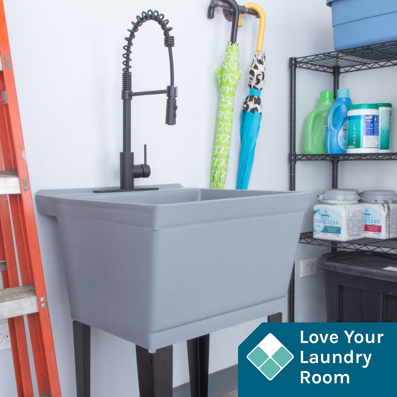 Tehila Standard Freestanding Grey Utility Sink with Black Finish High-Arc Coil Pull-Down Faucet