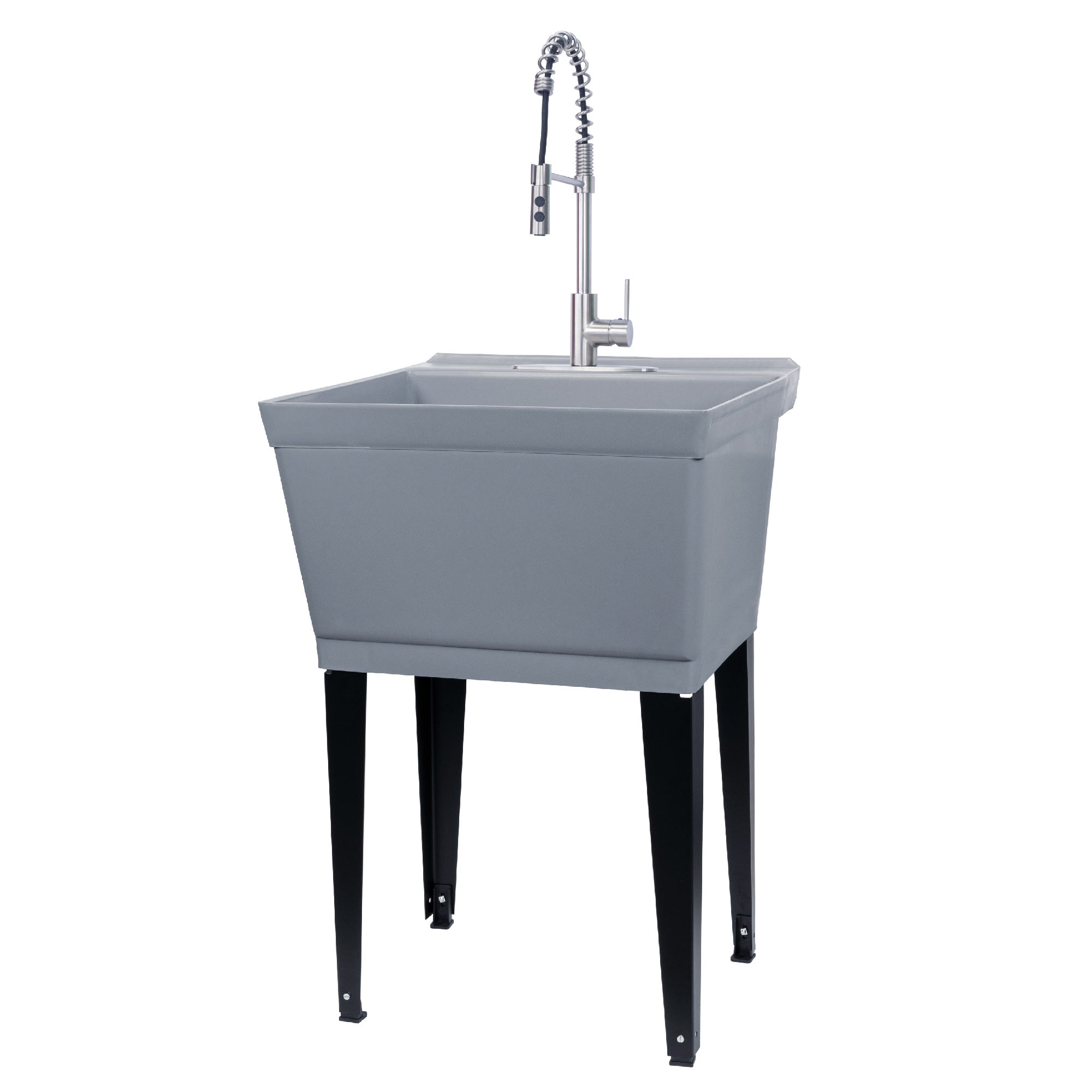 Tehila Standard Freestanding Grey Utility Sink with Stainless Steel Finish High-Arc Coil Pull-Down Faucet