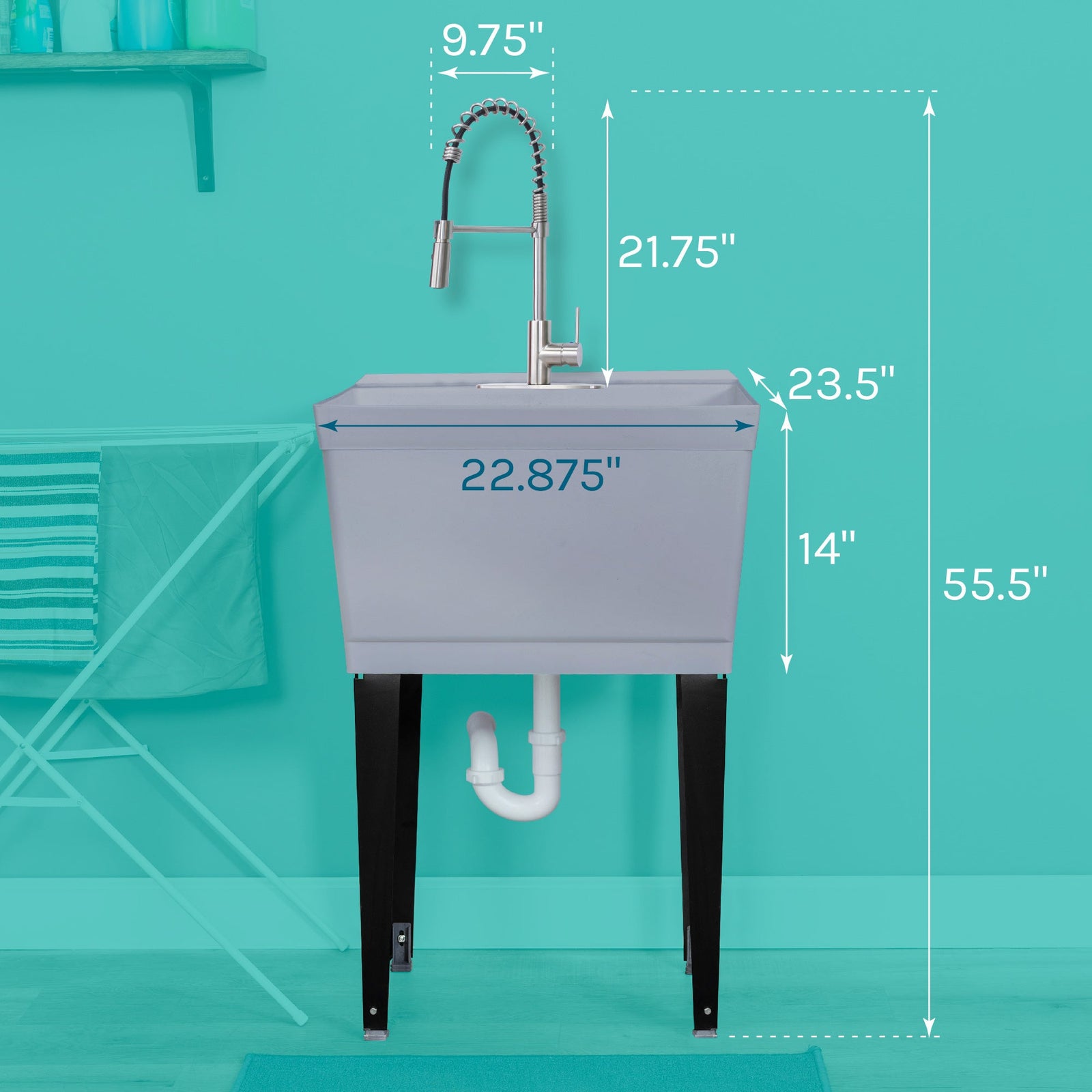 Tehila Standard Freestanding Grey Utility Sink with Stainless Steel Finish High-Arc Coil Pull-Down Faucet