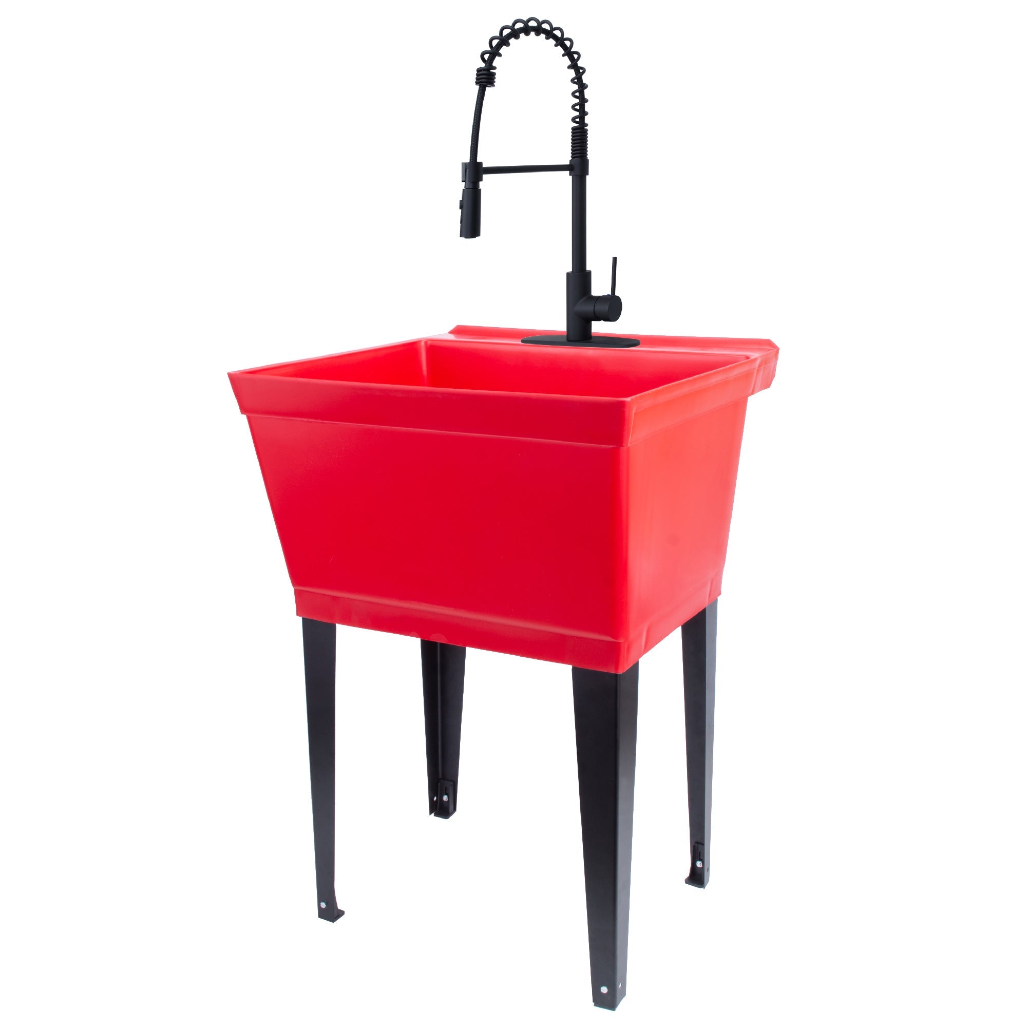 Tehila Standard Freestanding Red Utility Sink with Black Finish High-Arc Coil Pull-Down Faucet
