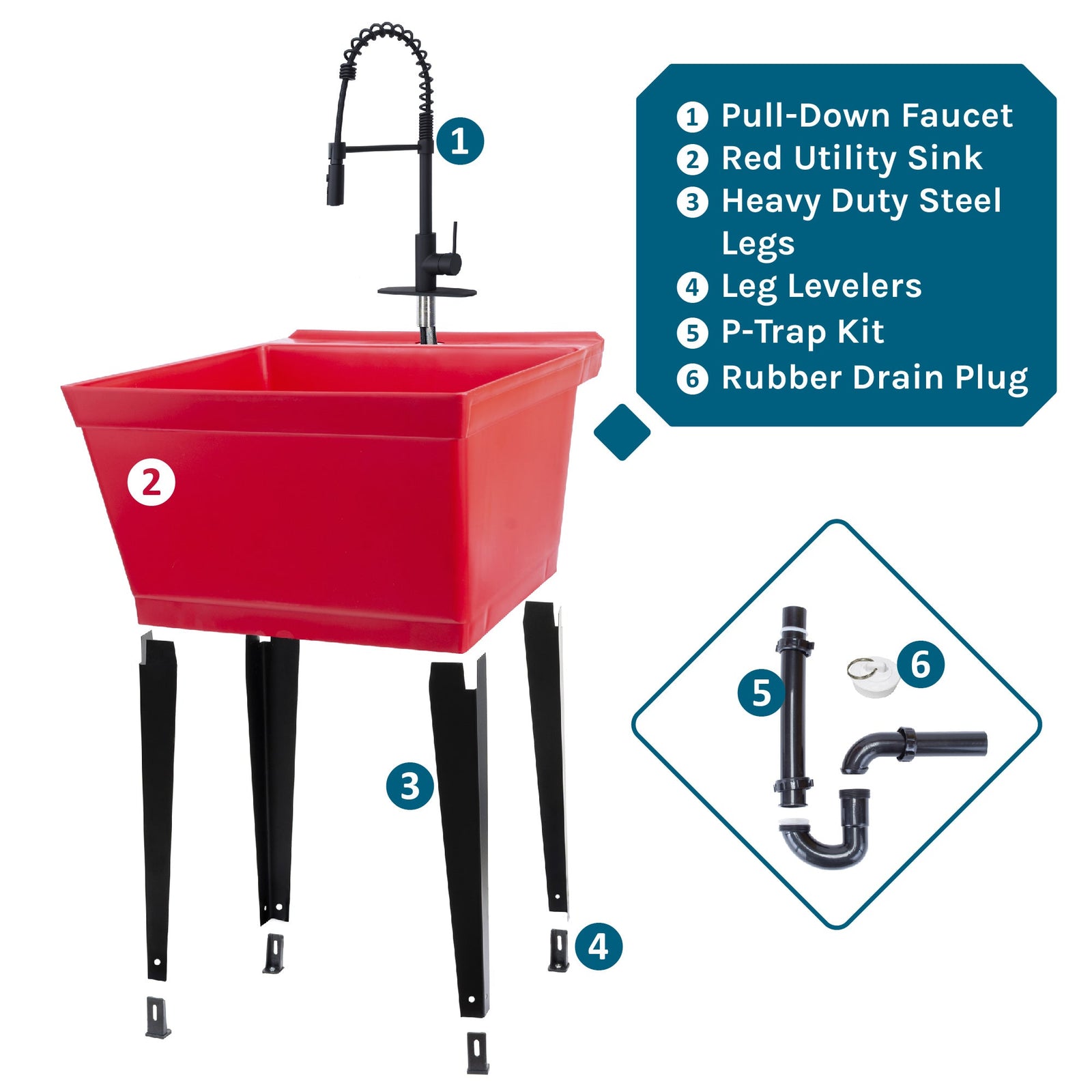 Tehila Standard Freestanding Red Utility Sink with Black Finish High-Arc Coil Pull-Down Faucet