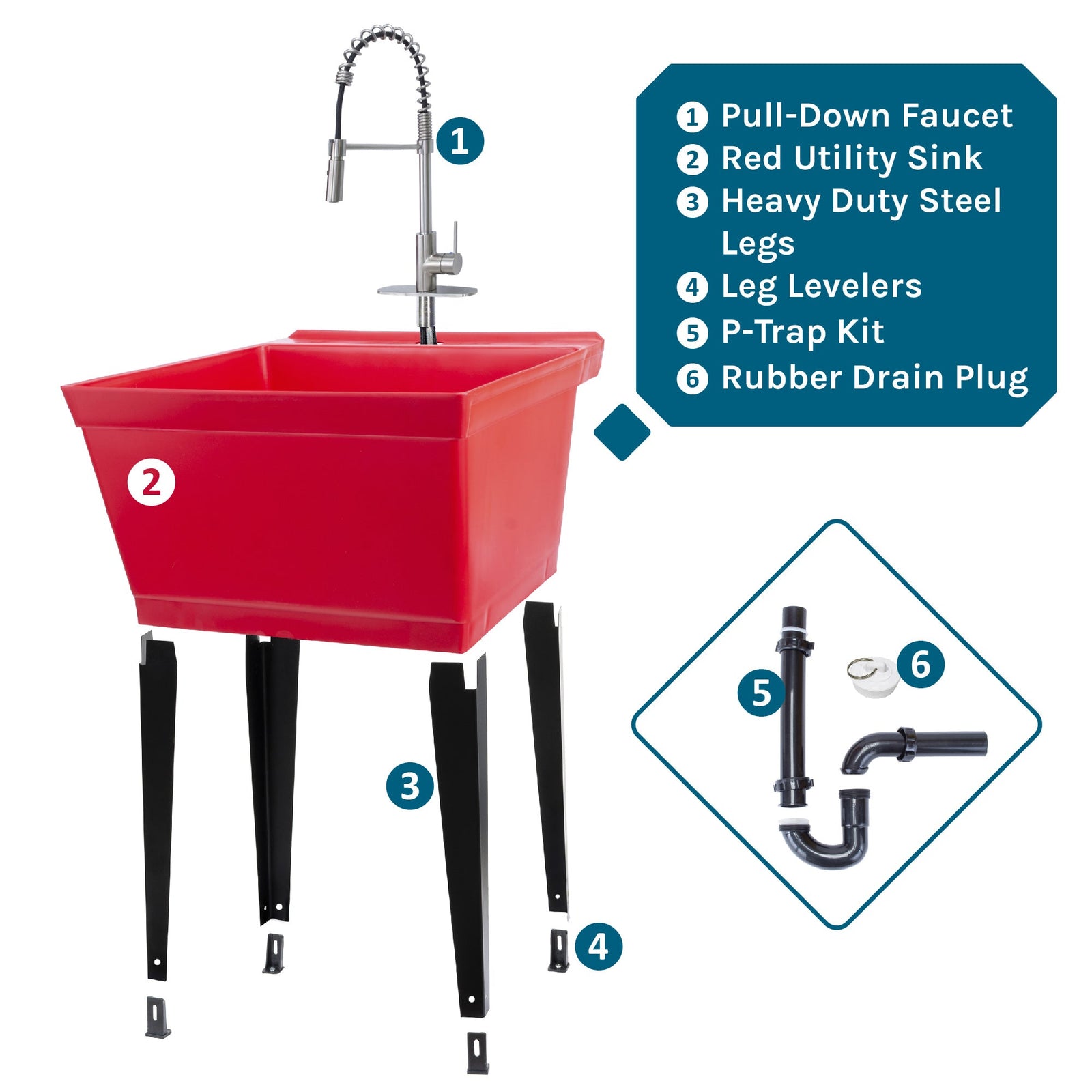 Tehila Standard Freestanding Red Utility Sink with Stainless Steel Finish High-Arc Coil Pull-Down Faucet