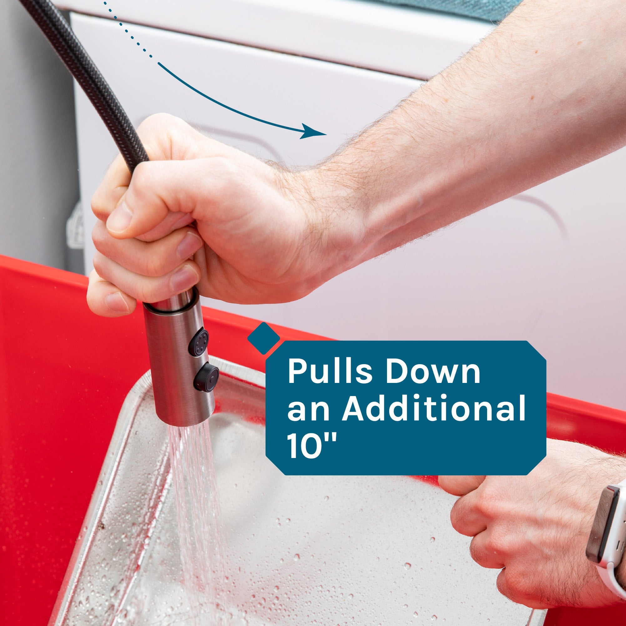 Tehila Standard Freestanding Red Utility Sink with Stainless Steel Finish High-Arc Coil Pull-Down Faucet