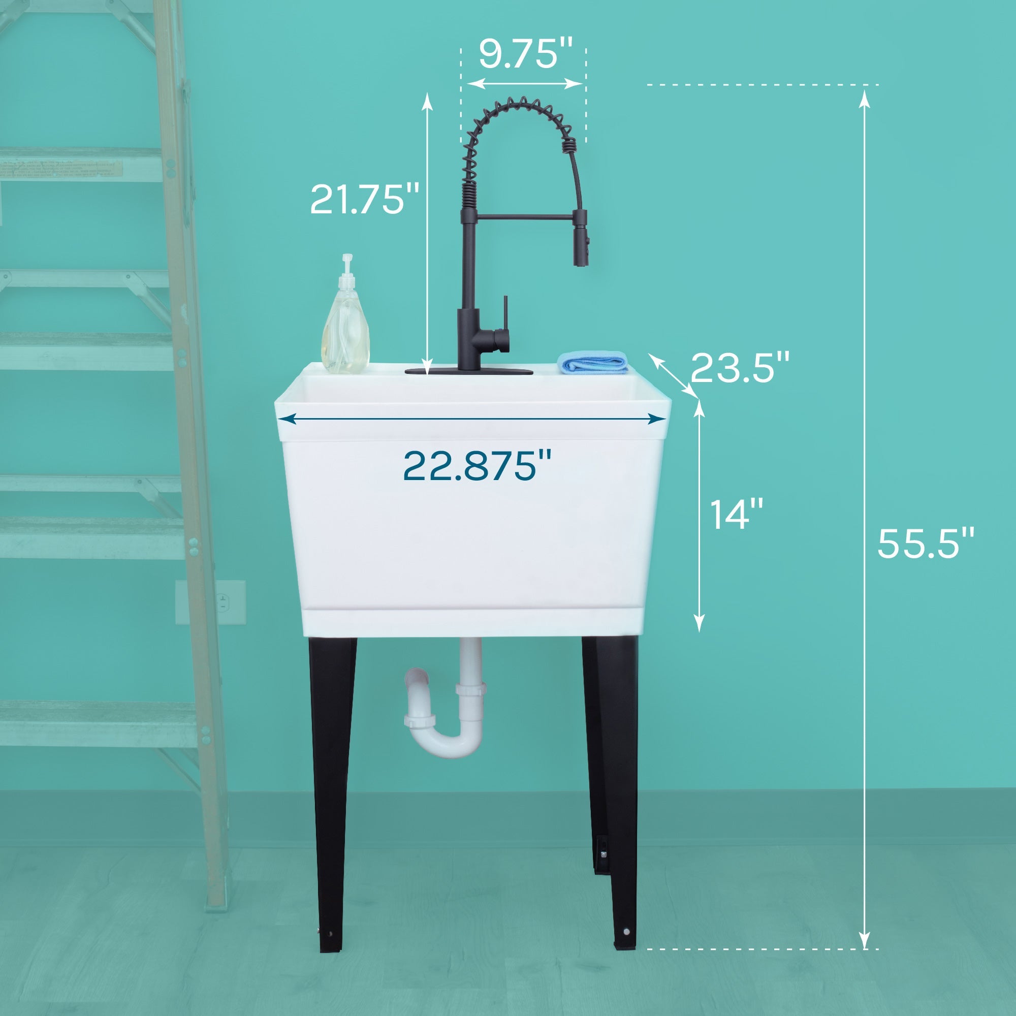 Tehila Standard Freestanding White Utility Sink with Black Finish High-Arc Coil Pull-Down Faucet